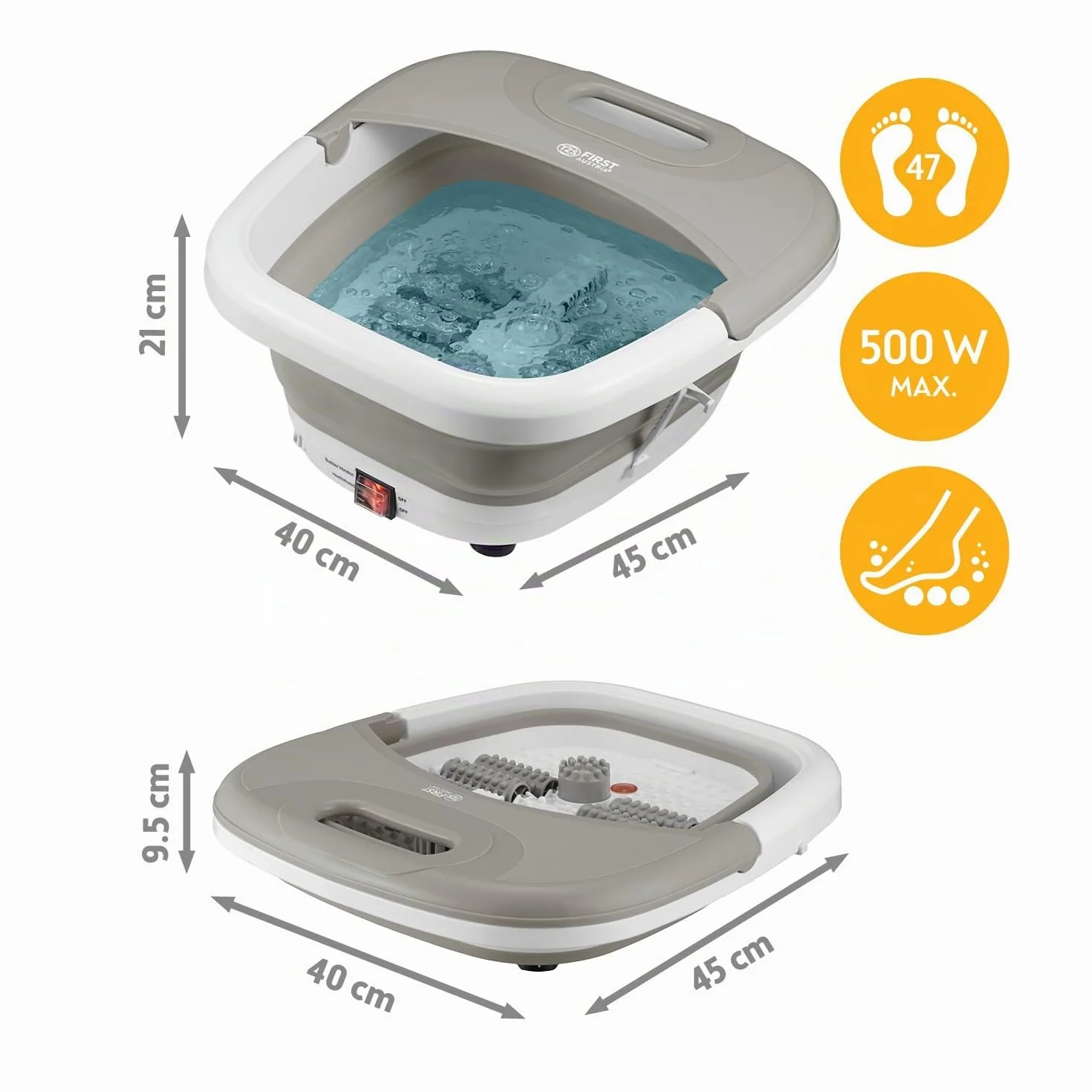 TZS First Austria Bain de Pieds 500W - Appareil de Massage des Pieds avec 3 Accessoires & 8 Rouleaux - Massage par Vibrations & Bulles, Infrarouge & Chauffante - Pliable jusqu'au 47 - Gris