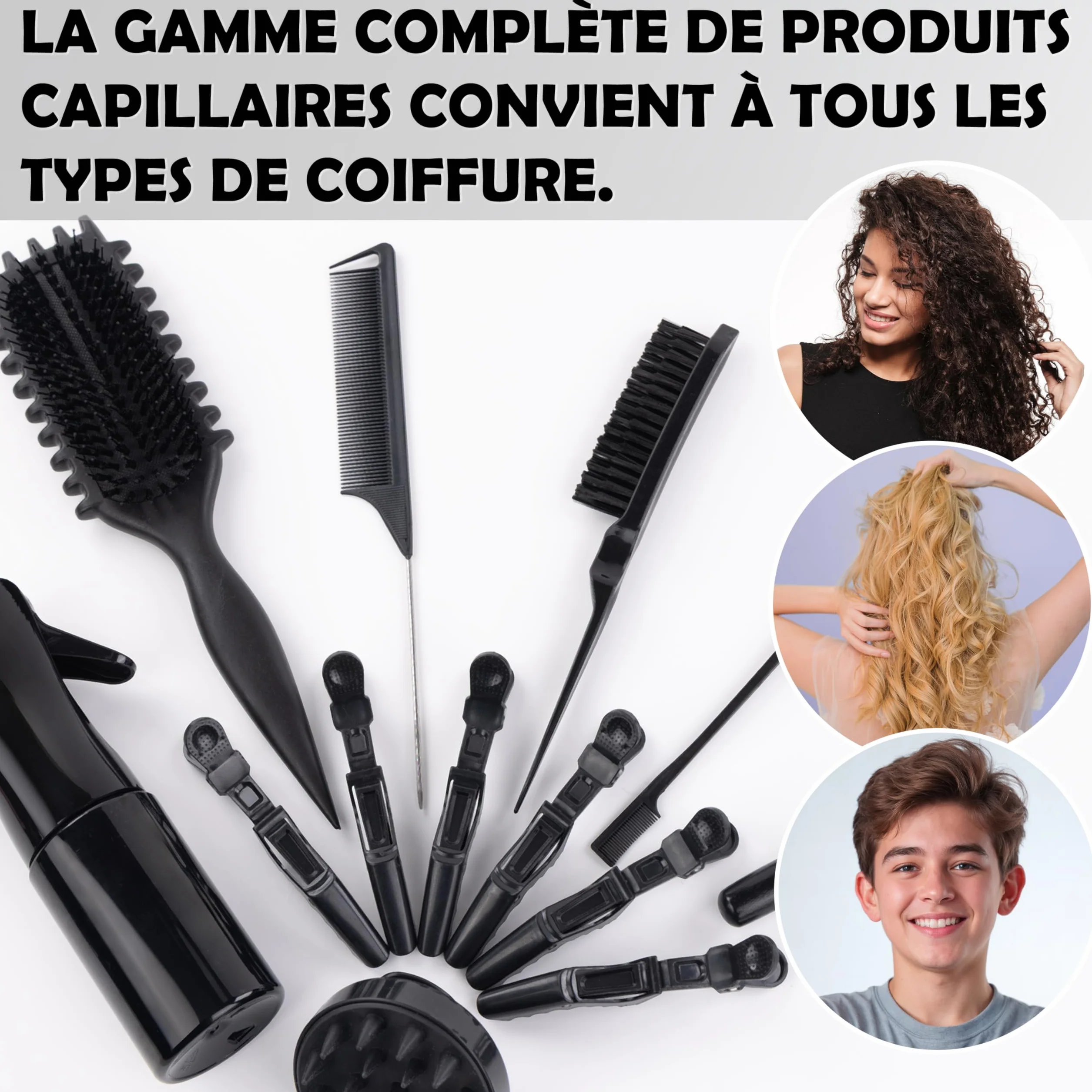 Kit Complet Cheveux Bouclés Frisés Crépus Ondulés Brosse Définition Spray 200ml Bonnet Satin Serviette Microfibre Accessoires Brosse Massante Cuir Chevelu Routine Anti-frisottis