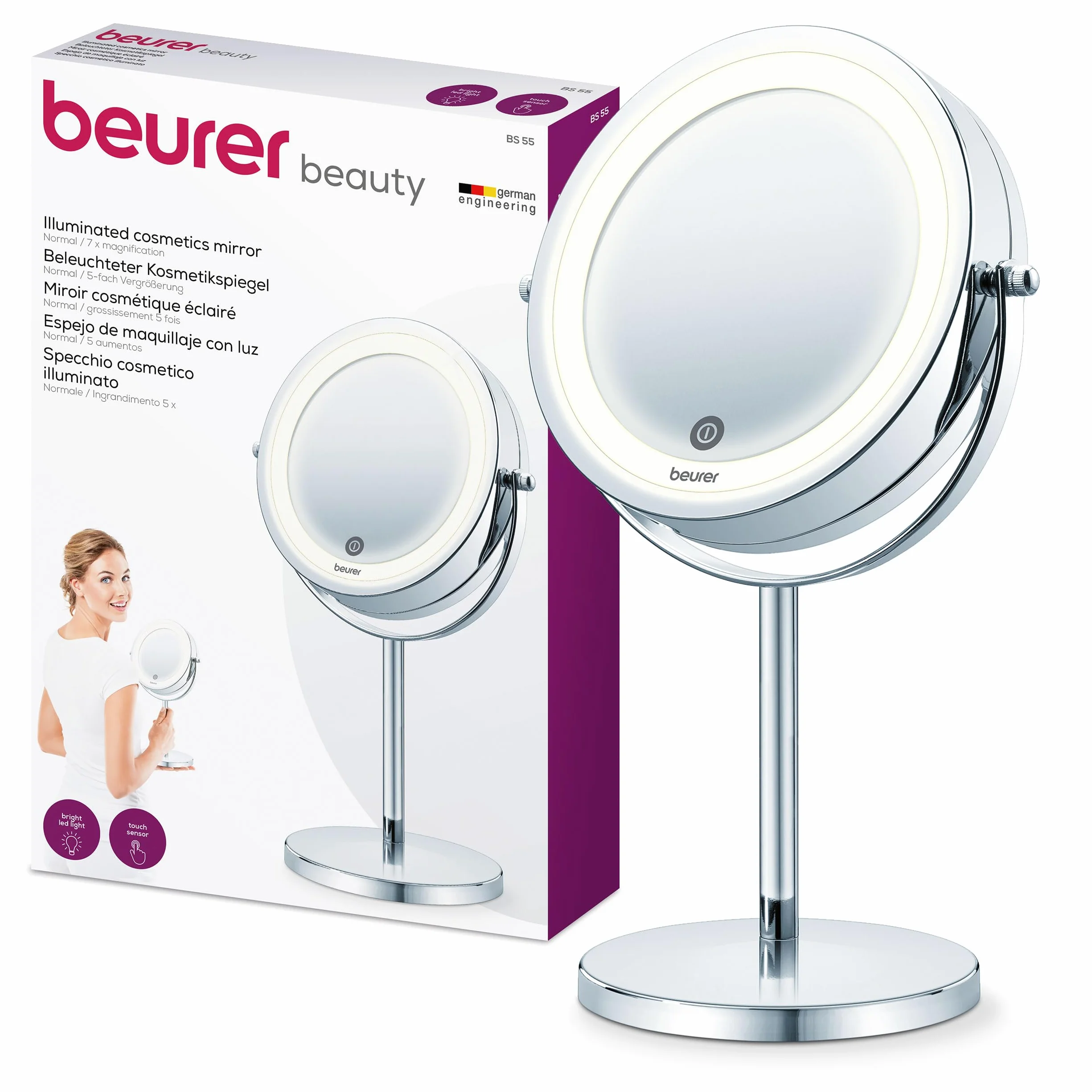 Beurer BS 55 Miroir cosmétique éclairé et chromé de haute qualité, lumière LED claire avec variateur, grossissement normal et 7x
