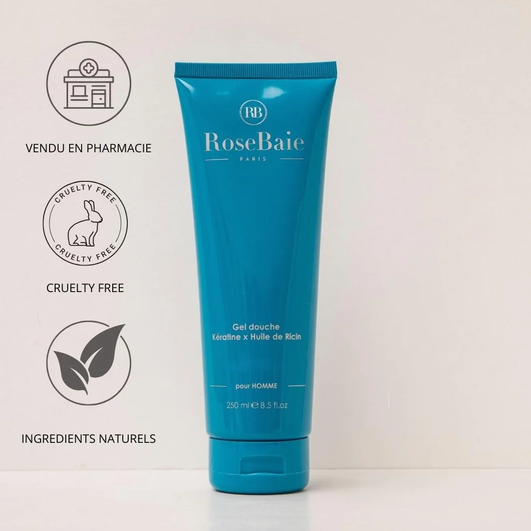 ROSEBAIE Duo Corps et Cheveux Ricin Kératine Probiotiques Shampoing Homme Antichute Antipelliculaire 250ml Gel Douche Fraîcheur Parfum Boisé 250ml