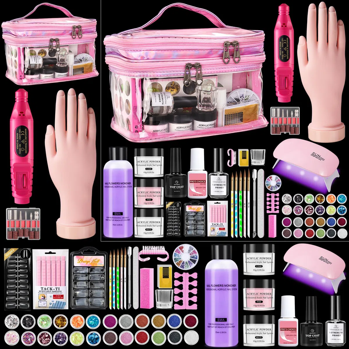 Deciniee Acrylique Kit Ongles Pour Débutants–Faux Ongles/Poudre Acrylique/Lampe UV/Main D'Entrainement Manucure-Idéal Pour DIY Nail Art-Kit Avec Outils Complet Dans Un Sac De Stockage Rose