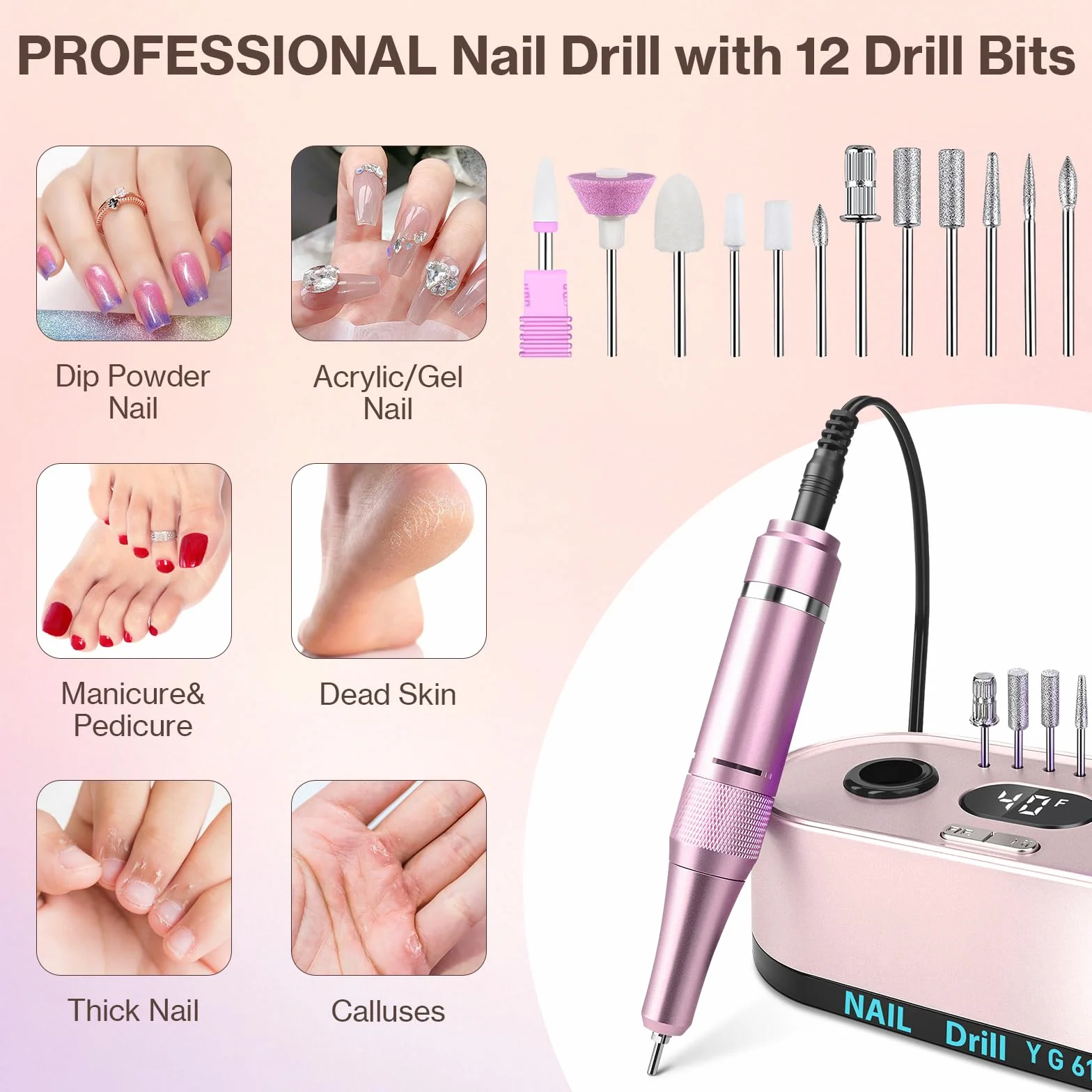Urbuti Ponceuse pour Ongles Professionnelle 40000 RPM 36 W 12 en 1 avec Écran LCD, Lime à Ongle Électrique Silencieux, Kit Manucure Pédicure
