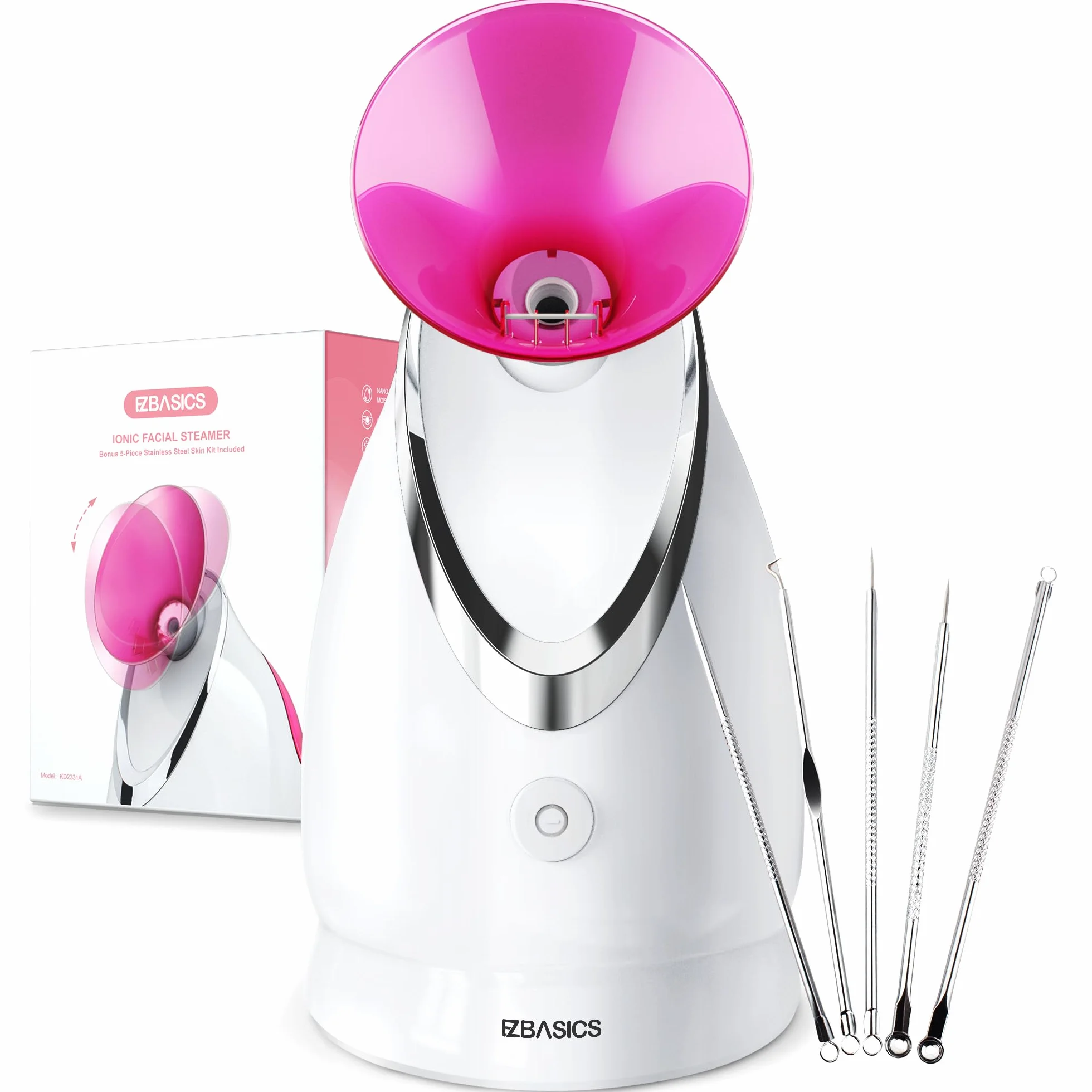 Vapeur Visage Vaporisateur EZBASICS Sauna Spa Facial Chaude Nano Ionique Visage Steamer Humidificateur Appareil Outils Nettoyage Pores 1 Pack + 5 Stainless Steel Skin Kit Rose