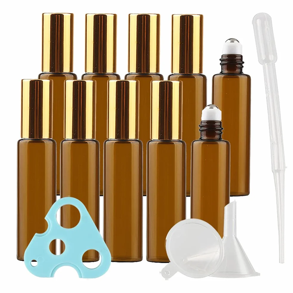 Flacons à Bille pour Huiles Essentielles 10ml – Bouteilles Roll On en Verre Marron Ambre avec Bouchon Or, Lot de 20