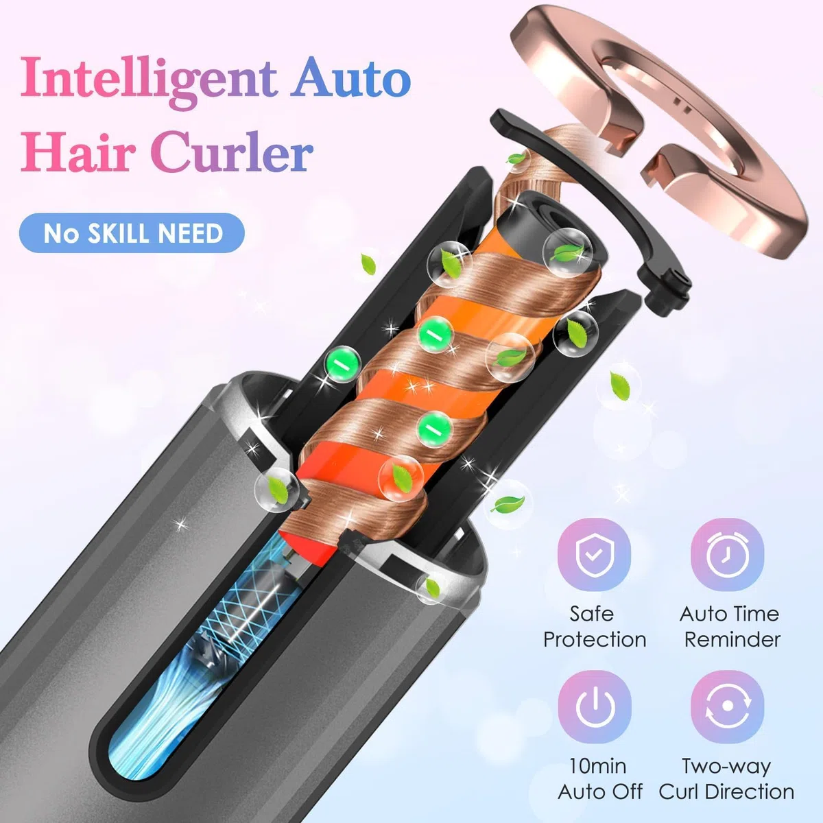 Fer a Boucler Cheveux Automatique Sans Fil Fer a Friser avec 6 Réglages de Température & Minuteur, Boucleur Céramique USB Rechargeable, Anti-brûlure, pour Cheveux Longs Courts