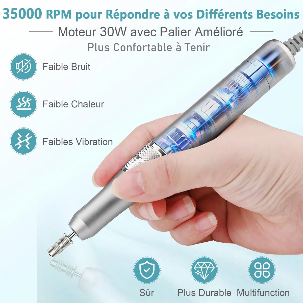 Ponceuse pour Ongles Électrique Professionnelle 35000 RPM - Multifonction Silencieuse avec Affichage LED, Bouton Pause & 6 Embouts - Machine Manucure/Pédicure pour Salon/Maison (Gris Élégant)