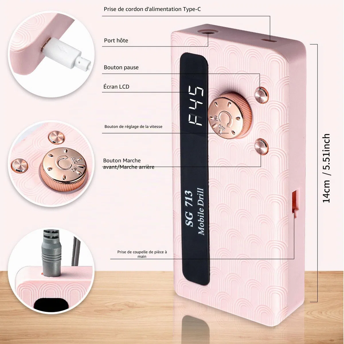 Ponceuse pour Ongles Professionnelle 45000 RPM Portable Rechargeable avec 13 Embouts et 56 Bandes de Ponçage, LCD écran, Ultra Silencieuse, Silencieuse pour Salon/Maison (Rose)