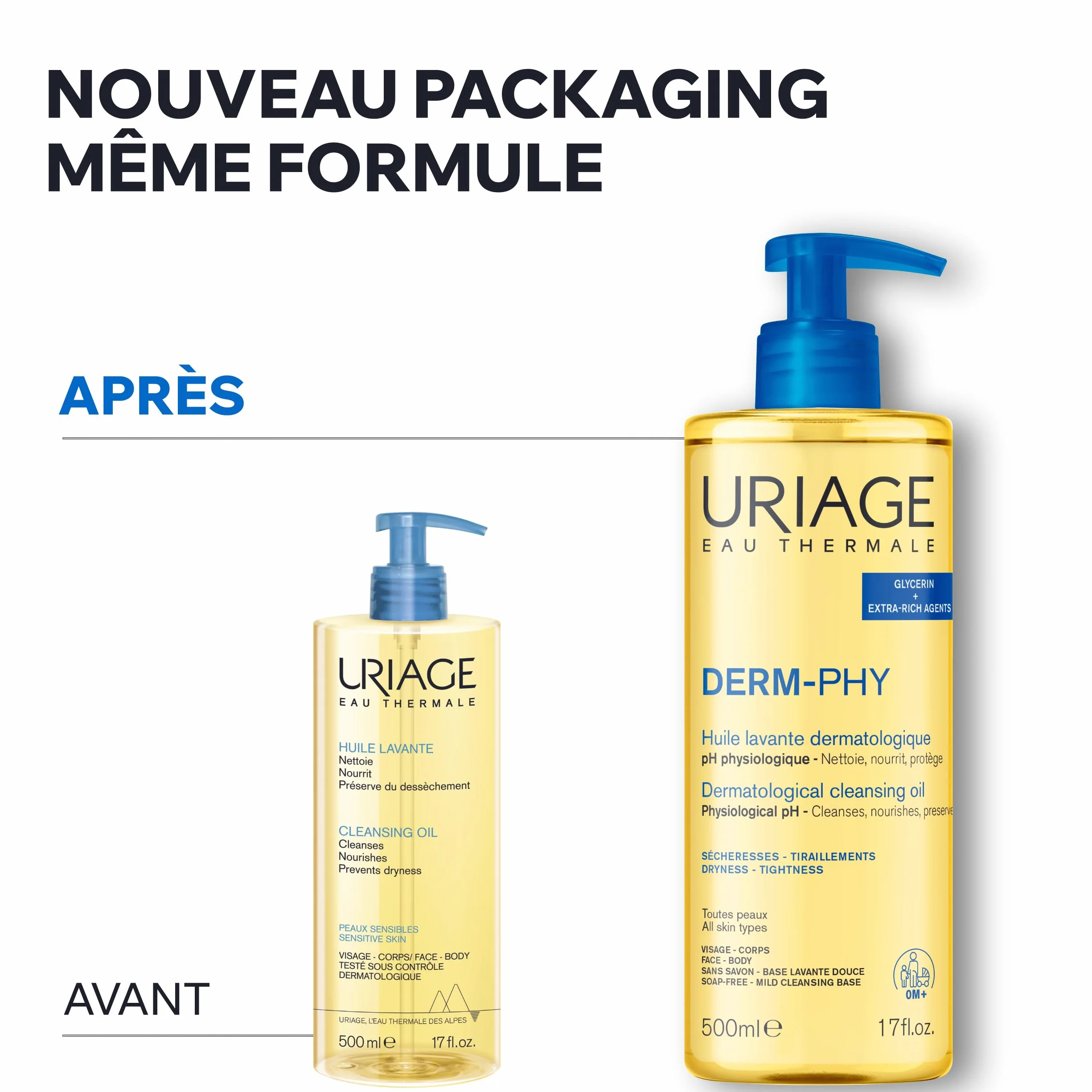 Uriage Derm-Phy Huile de Douche 1L - Nettoyant Visage, Corps - Peaux Sèches, Sensibles - 25% Glycérine - pH Physiologique - Sans Savon