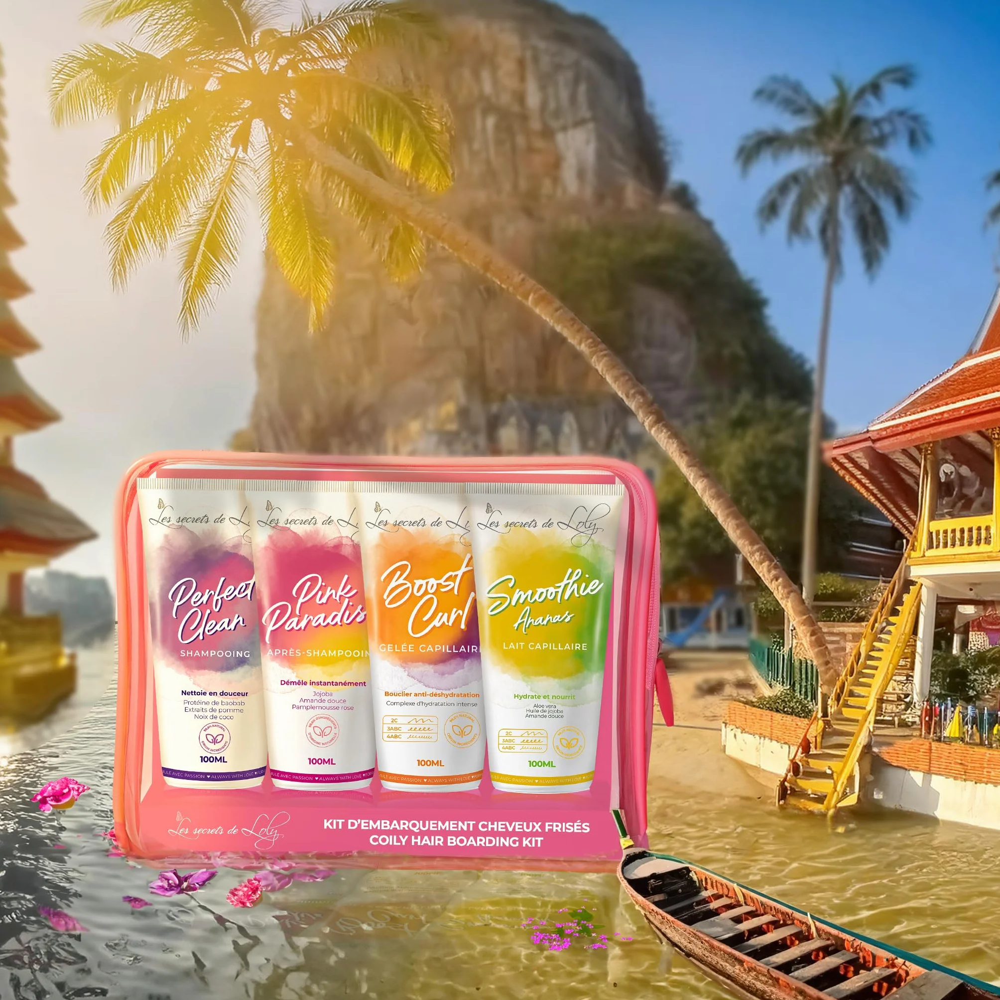 Les Secrets de Loly - Trousse de Voyage Cheveux Frisés - 4 Soins 100ml - Shampooing + Après-Shampooing + Gelée + Lait Capillaire - Format Cabine