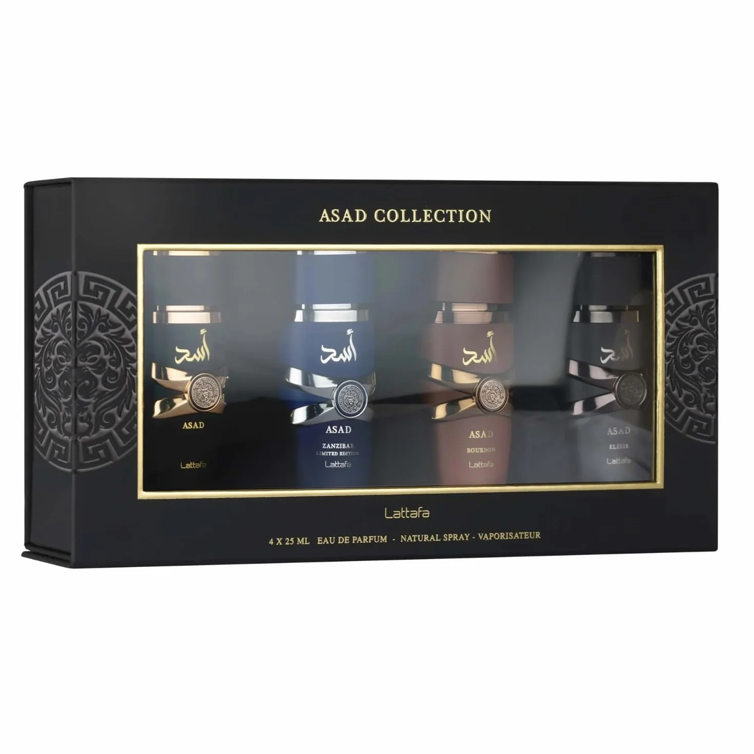 Lattafa ASAD Coffret cadeau 4 pièces 25 ml - Collection de parfums orientaux pour homme | Asad, Elixir, Bourbon & Asad Zanzibar