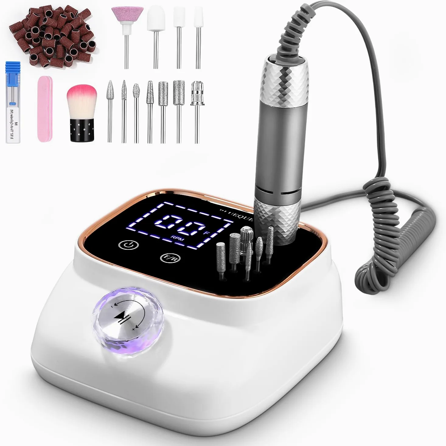 Zawaer Ponceuse pour Ongles 45,000RPM, Professionnelle Lime A Ongle Electrique, Ponceuse Ongles avec Écran LCD, Ensemble d’accessoires Kit avec Manucure Pédicure, pour Salon, Usage Maison Or