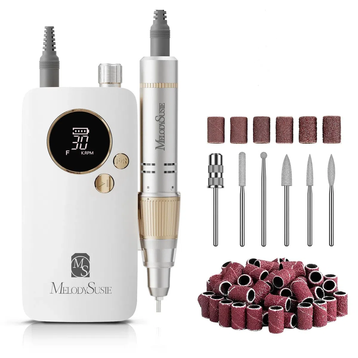 MelodySusie SC320F Ponceuse pour Ongles Professionnelle 30 000 tr/min Rechargeable sans Fil Lime Électrique Manucure Pédicure 6 Embouts Blanc&Or