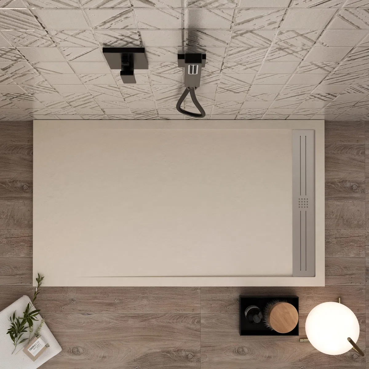 Receveur de douche en résine marbre crème effet pierre-ciment RELAX 90 x 110