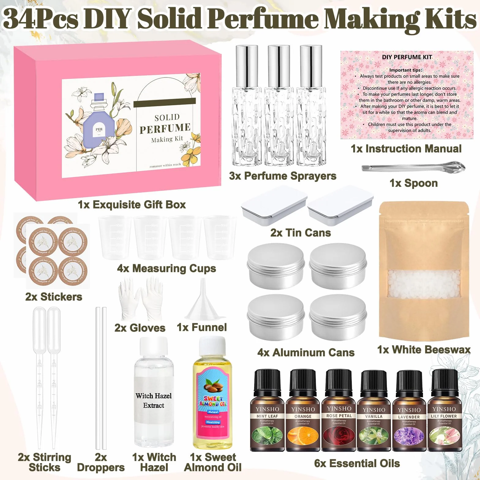 JUYRLE Kit de fabrication de parfum à faire soi-même, kit de bricolage créatif pour adultes, avec huile essentielle, mini parfums avec petit flacon pulvérisateur, cadeau pour femme/enfant