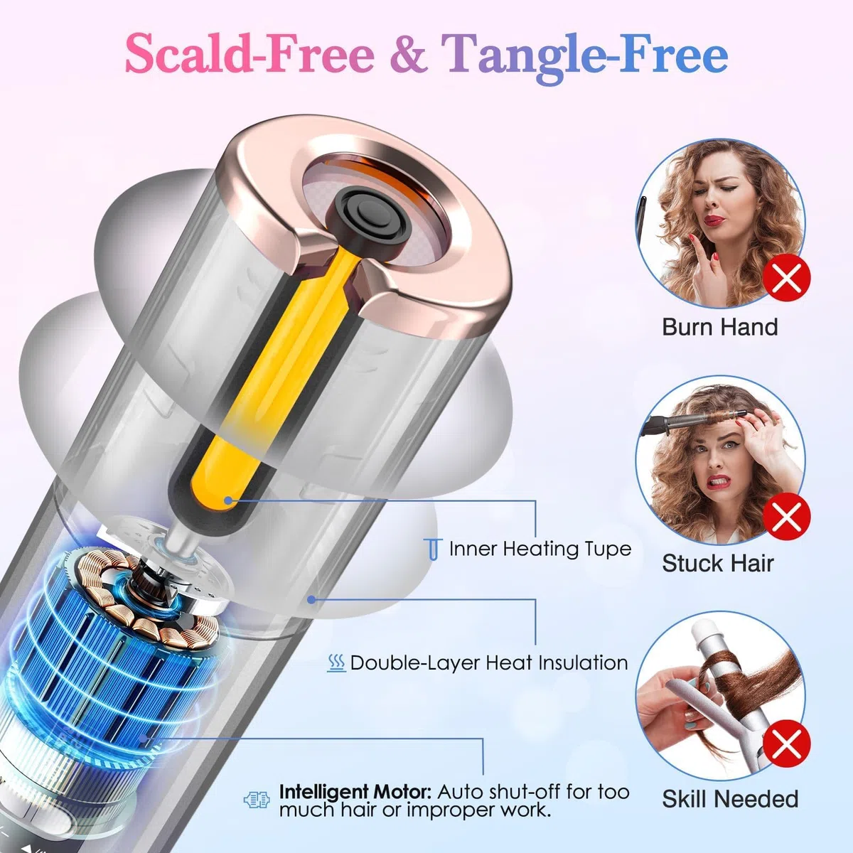 Fer a Boucler Cheveux Automatique Sans Fil Fer a Friser avec 6 Réglages de Température & Minuteur, Boucleur Céramique USB Rechargeable, Anti-brûlure, pour Cheveux Longs Courts