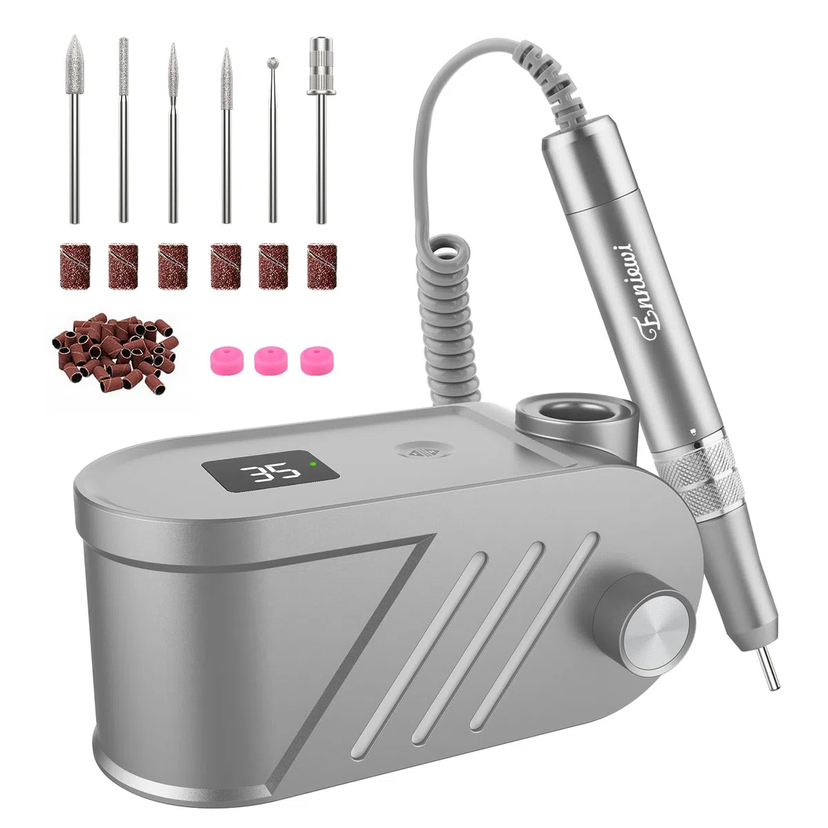 Ponceuse pour Ongles Électrique Professionnelle 35000 RPM - Multifonction Silencieuse avec Affichage LED, Bouton Pause & 6 Embouts - Machine Manucure/Pédicure pour Salon/Maison (Gris Élégant)