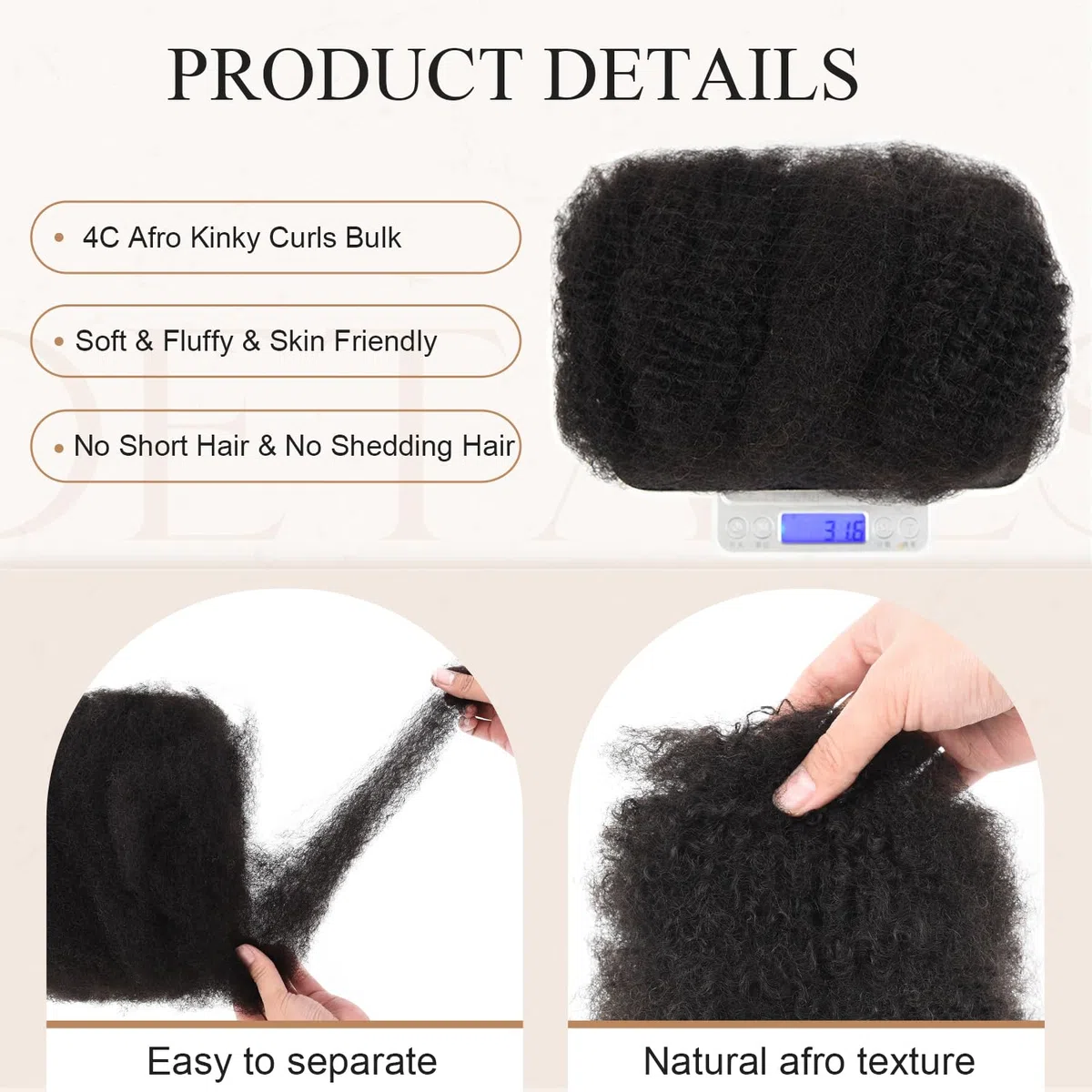 Originea Afro Kinky Bulk Human Hair 20cm 3 Packs Cheveux Naturel Humains Noir