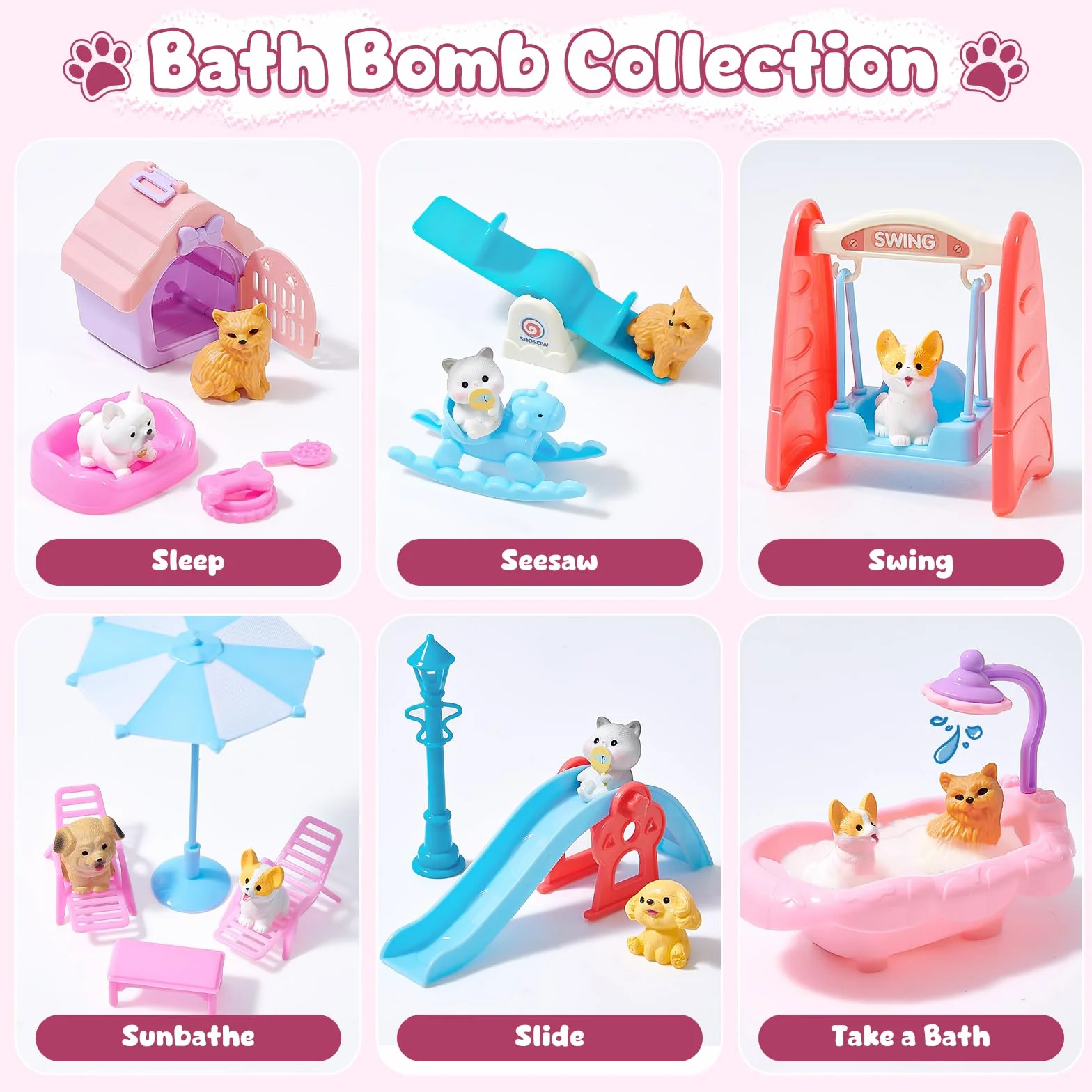 Bombe de Bain Enfant Surprise 12pcs Boule de Bain avec Jouets Chiens Chats Aromatherapie Cadeau Anniversaire Garçons Filles