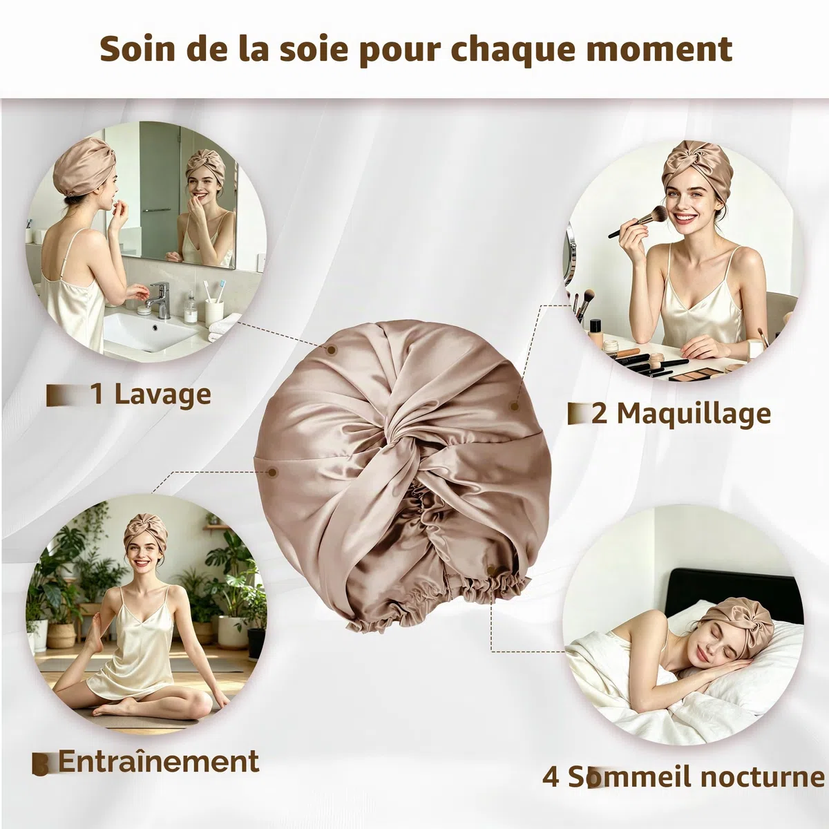 townssilk Bonnet de nuit 100% soie de mûrier pour femme, bonnet de nuit 16 momme en soie, bon pour les cheveux, protège les cheveux, bonnet de nuit en soie, double couche,coffee