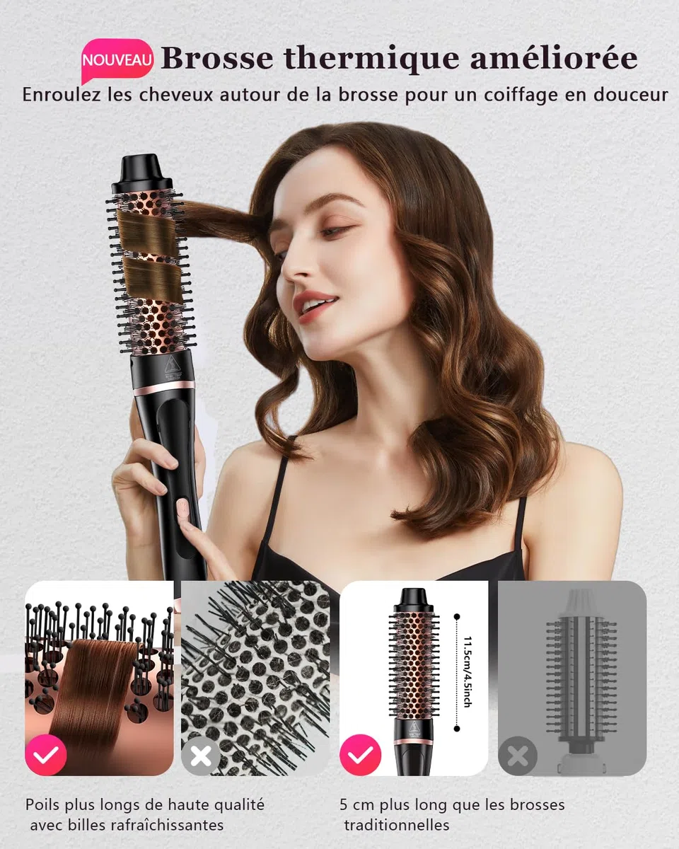 5 en 1 Fer à Boucler, Set Baguette de Bouclage avec Brosse Thermique et 4 Baguiers de Bouclage Céramique Interchangeables (0.35"-1.25'') Chauffage Rapide Double Tension Boucleur de Cheveux pour Femmes