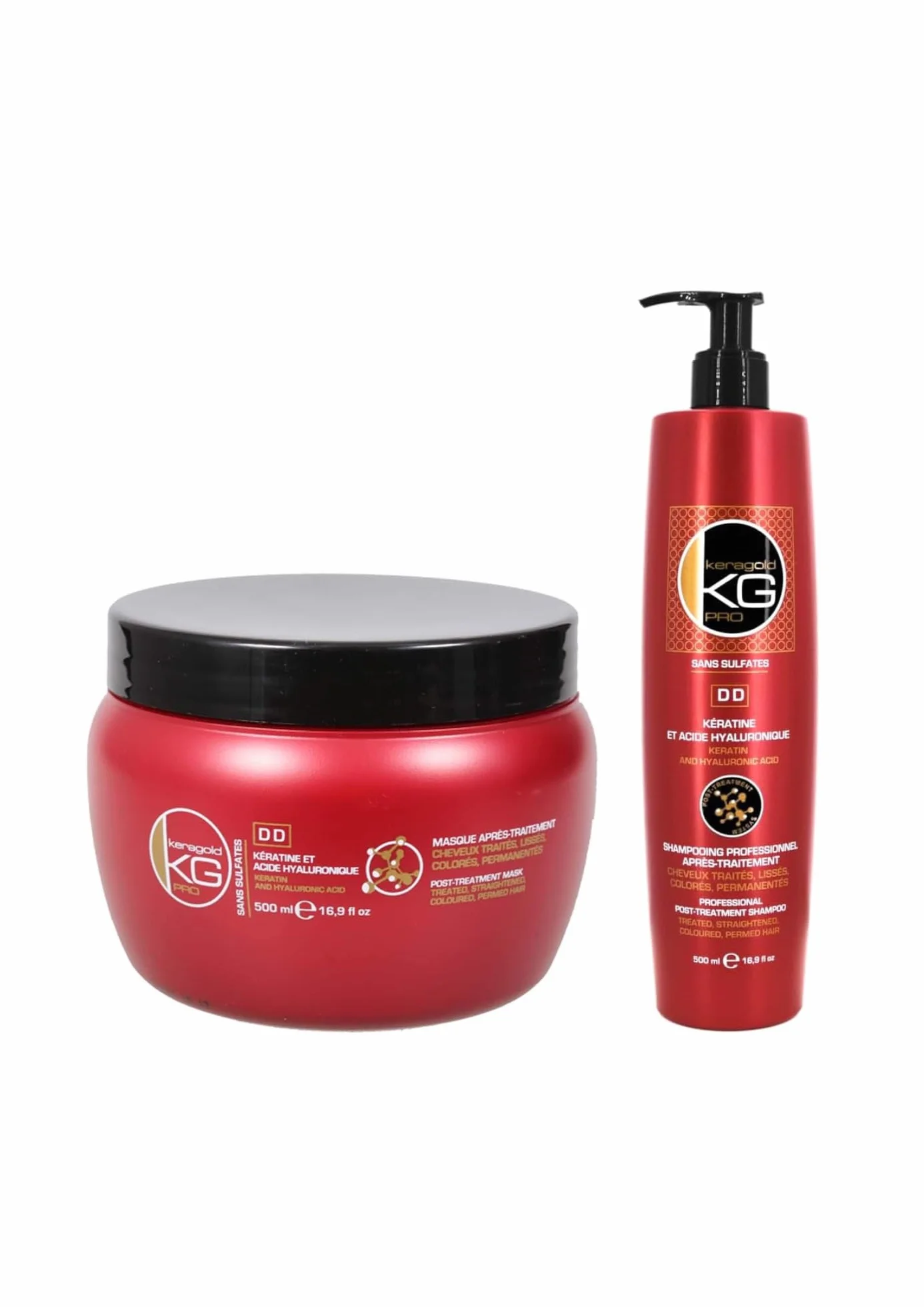 KERAGOLD PRO DD Lot de 2 Soins Capillaires Shampoing 500ml + Masque 500ml Kératine Acide Hyaluronique