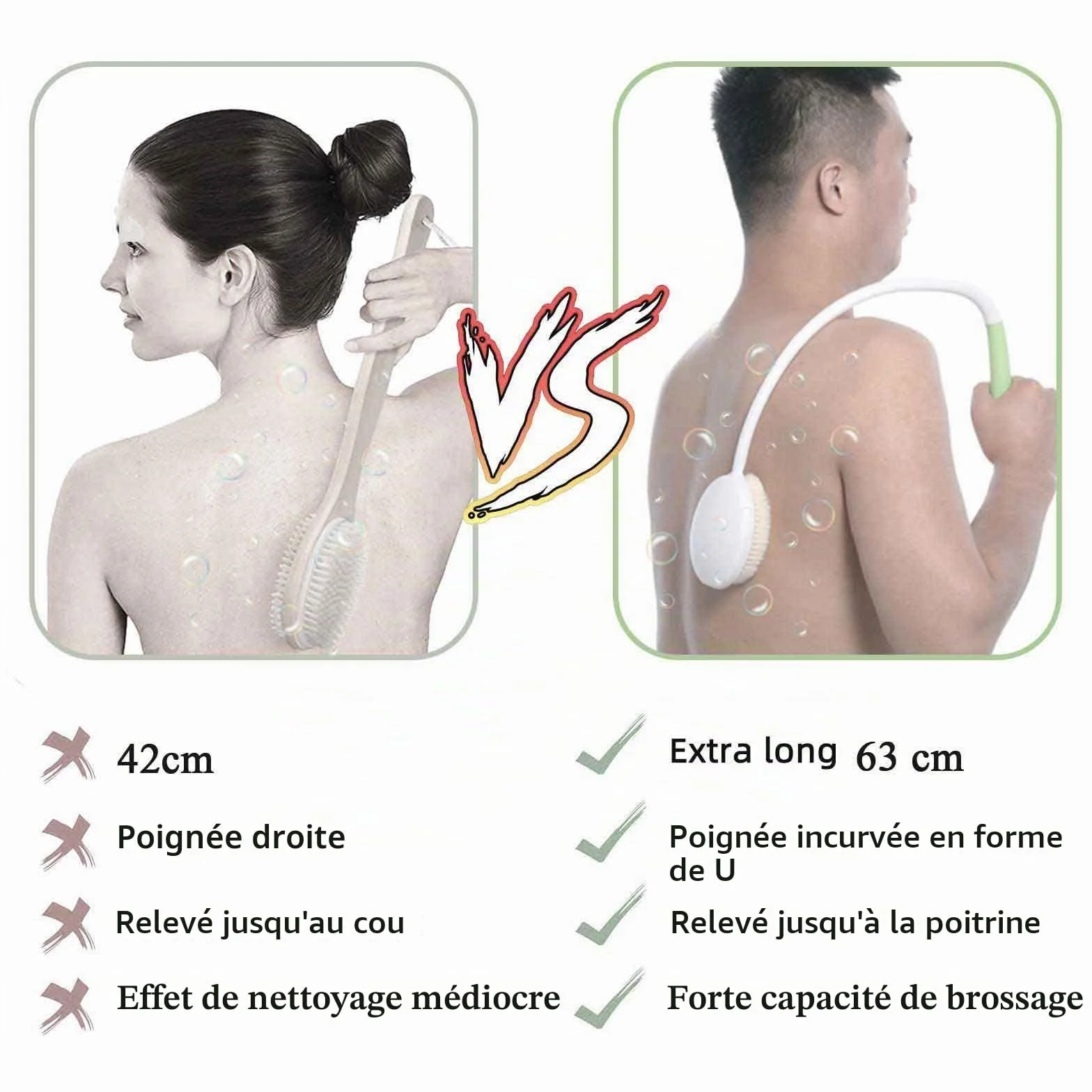 Brosse dorsale à long manche poils doux exfoliation douce santé de la peau