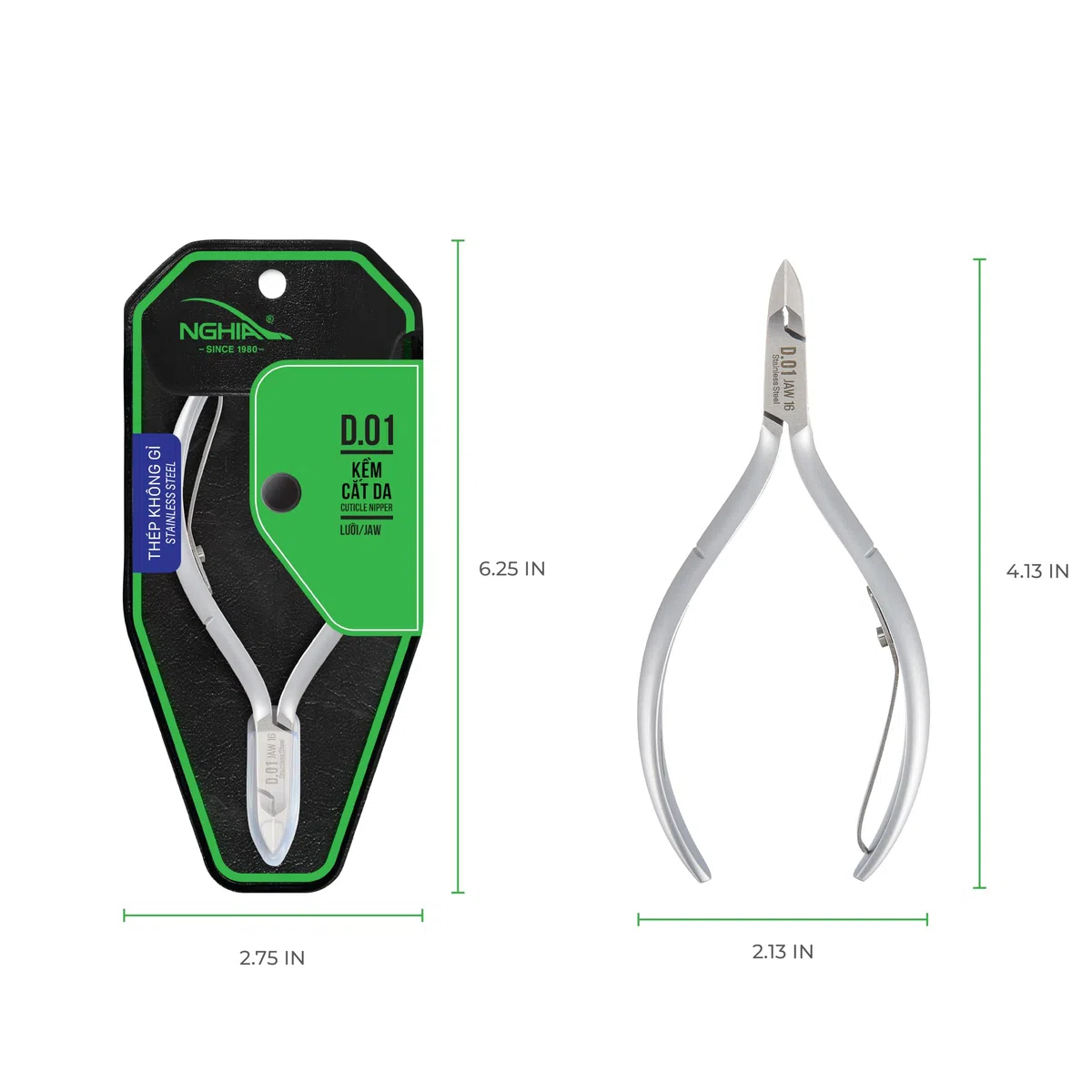 Nghia Pince à cuticules D-01 Jaw16 (D01 16) Acier inoxydable Mâchoire 16 Style Classique