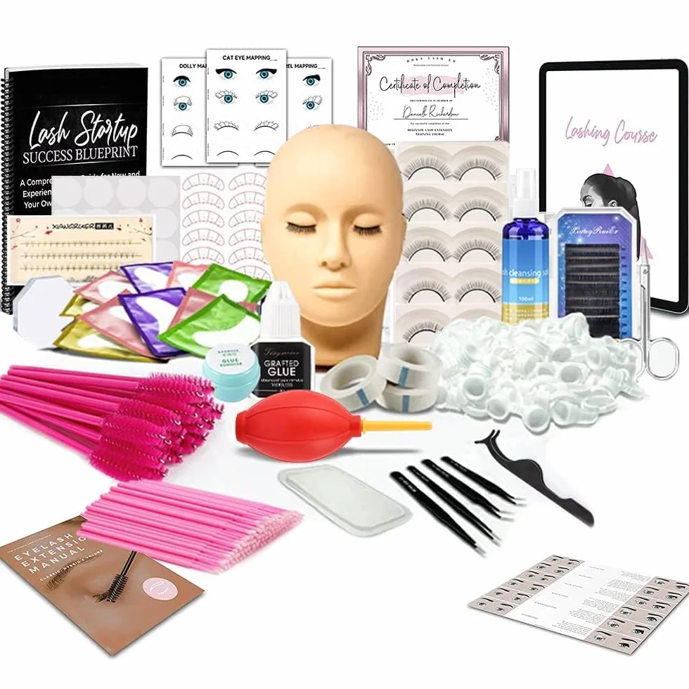 TwoWin Kit d'extension de cils professionnel - Kit complet d'entraînement avec tête de mannequin, colle d'entraînement et faux cils pour débutants, maquillage et greffe de cils
