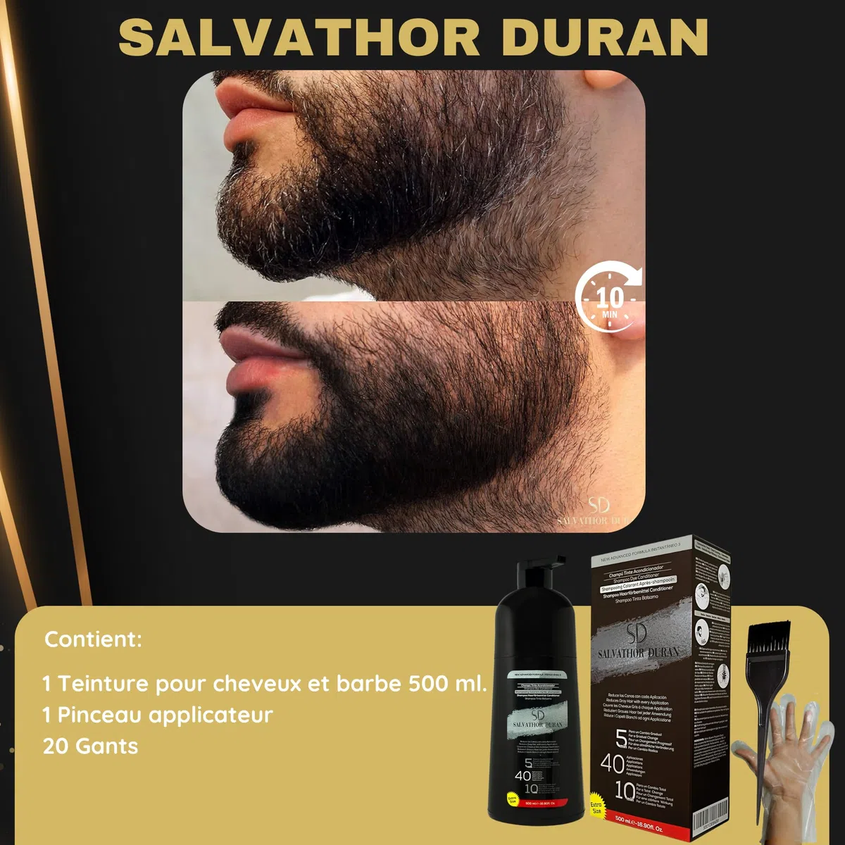 Shampoing Colorant - Teinture Barbe Homme - Teinture Barbe - Shampoing Colorant Noir - 40 Applications - Salvathor Duran - 500 ml