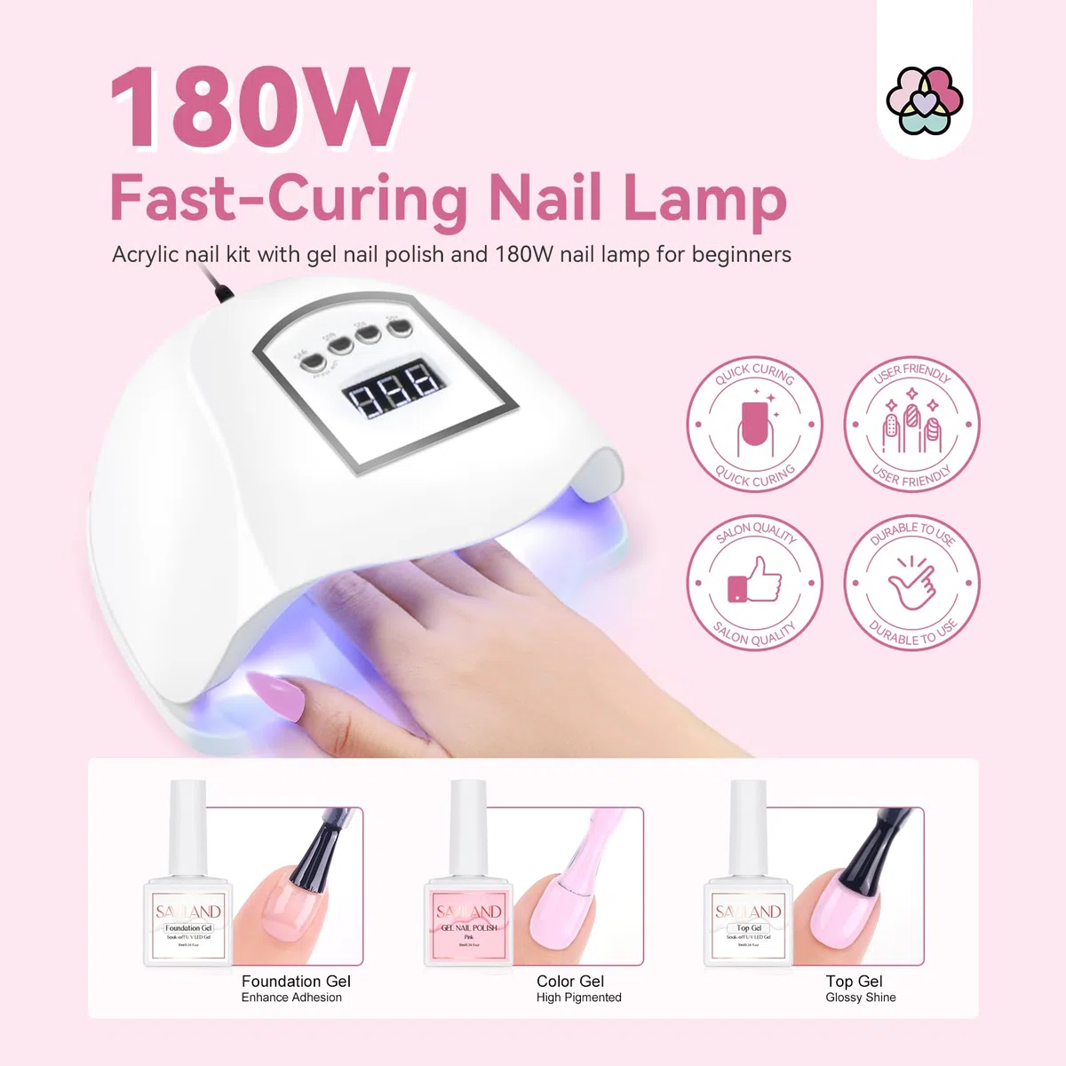 SAVILAND Kit Ongle Acrylique Complet En Gel Avec Lampe UV 180w Ponceuse pour Ongles Poudre Acrylique Base Top Coat Poudre Pour Beaucoup de décoration manucure Kit de Manucure Débutant