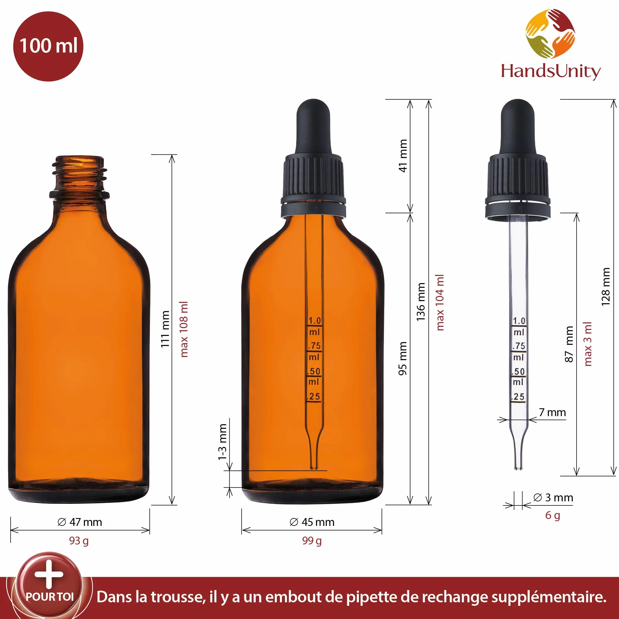 100ml-12pcs Flacon Pipette Petit - Bouteilles en Verre de Pharmacie Marron Comprenant 17 Accessoires