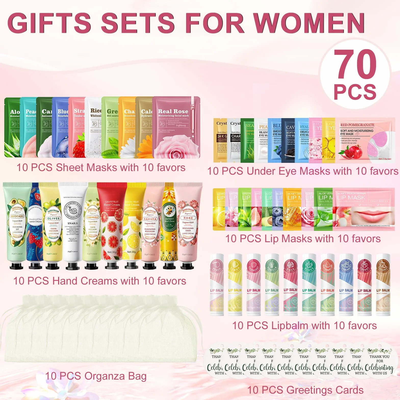 Coffret Soin Visage Femme 70 Pièces, Masque Visage, Crème Mains, Eye Patch, Stick Lèvres, Cadeau SPA Mariage