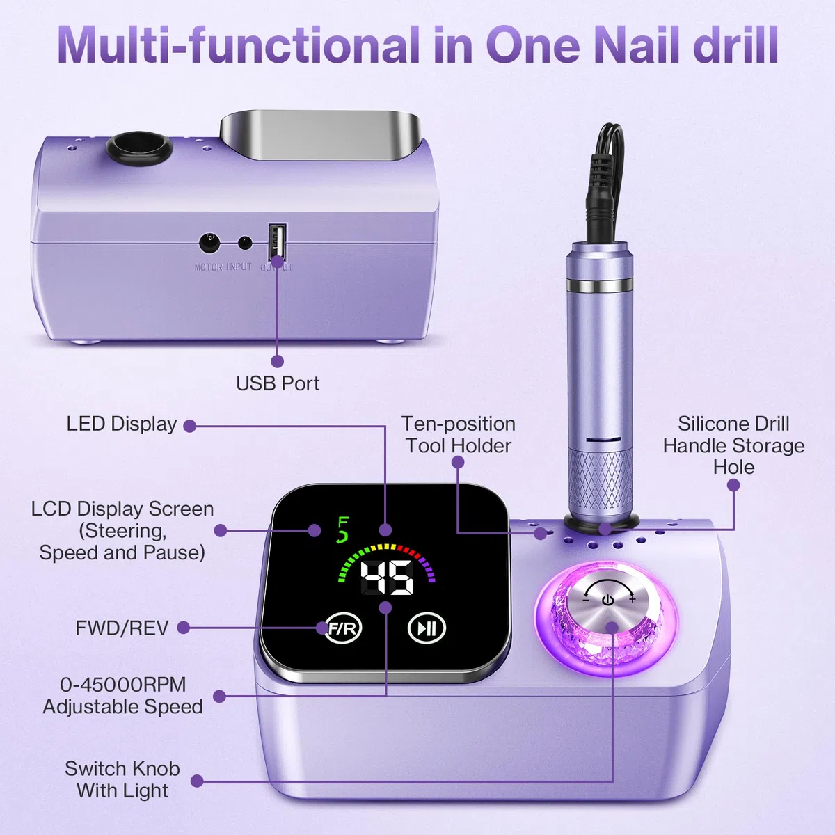 Ponceuse pour Ongles Professionnelle 45000 RPM 36 W, Lime à Ongle Électrique Silencieux avec Écran LCD, 11 Embouts, Portable pour Salon (violet)