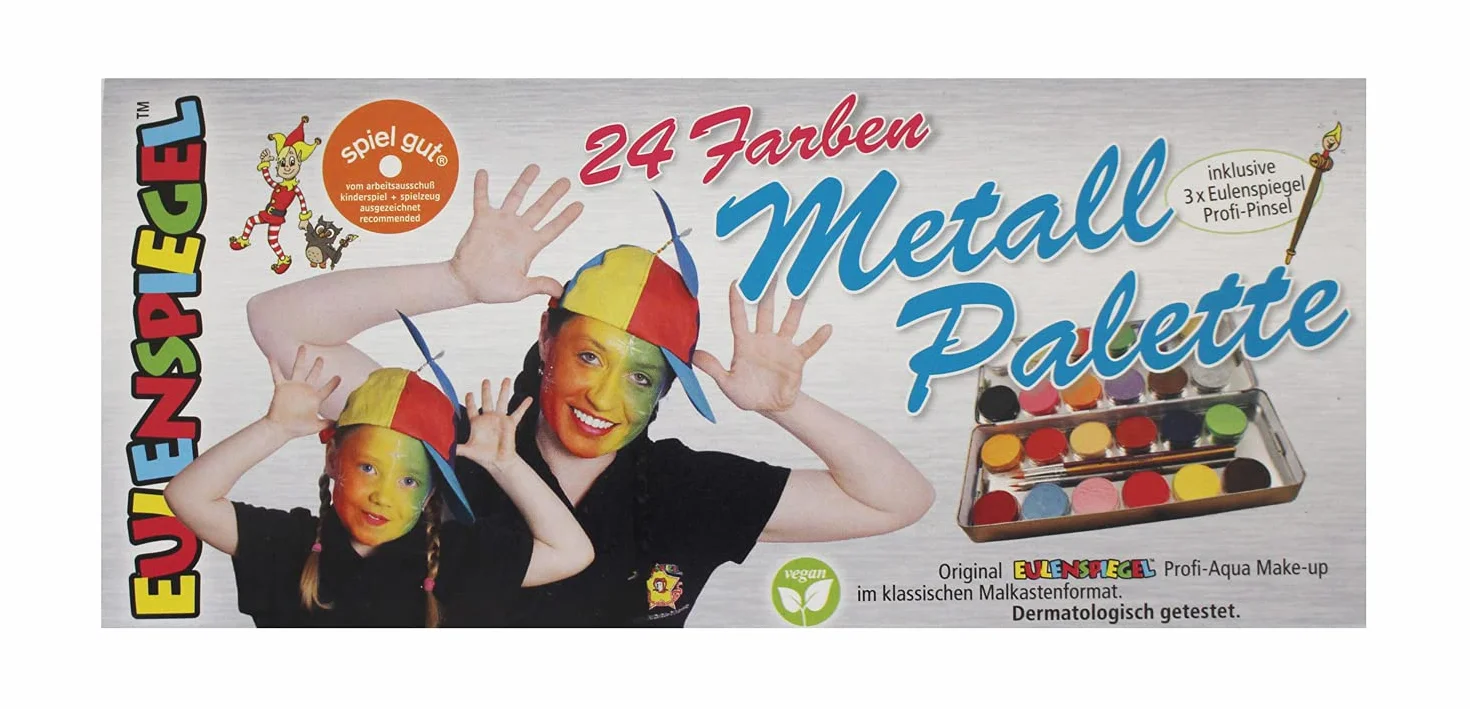 Eulenspiegel Maquillage aqua professionnel 24 couleurs Palette métallique avec pinceaux et éponges