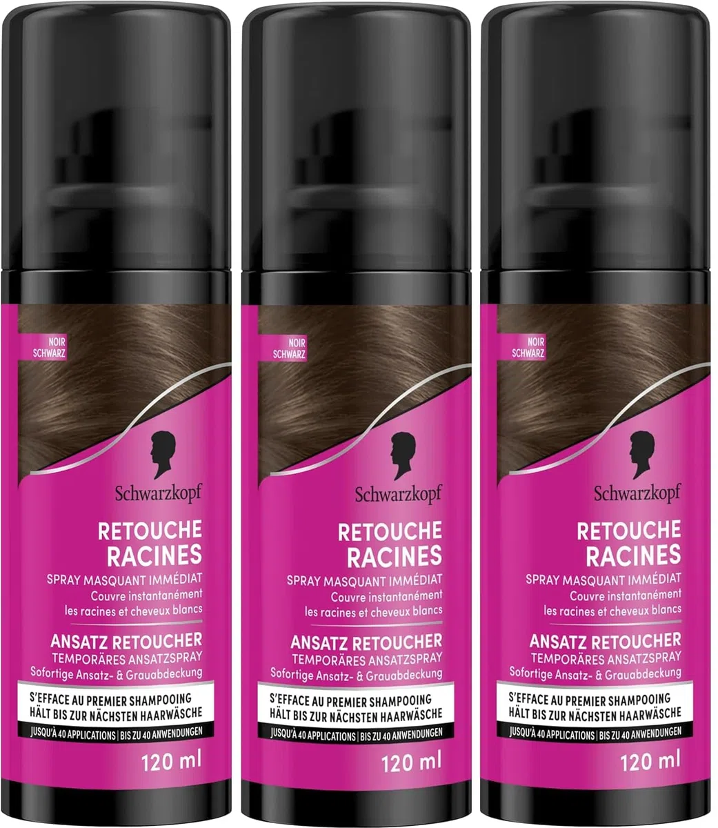 Schwarzkopf - Lot de 3 Retouche Racines Cheveux Blancs - Spray Masquant Temporaire Racines Cheveux - S’efface au premier shampooing - Noir