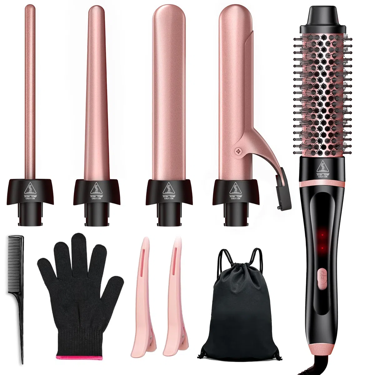 5 en 1 Fer à Boucler, Set Baguette de Bouclage avec Brosse Thermique et 4 Baguiers de Bouclage Céramique Interchangeables (0.35"-1.25'') Chauffage Rapide Double Tension Boucleur de Cheveux pour Femmes