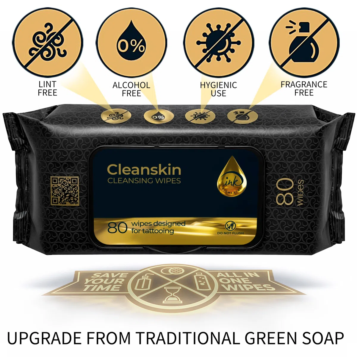 CleanSkin Lingettes Nettoyantes Savon Vert Tatouage 80 Pièces Pack de 3 Sans Alcool Sans Parfum
