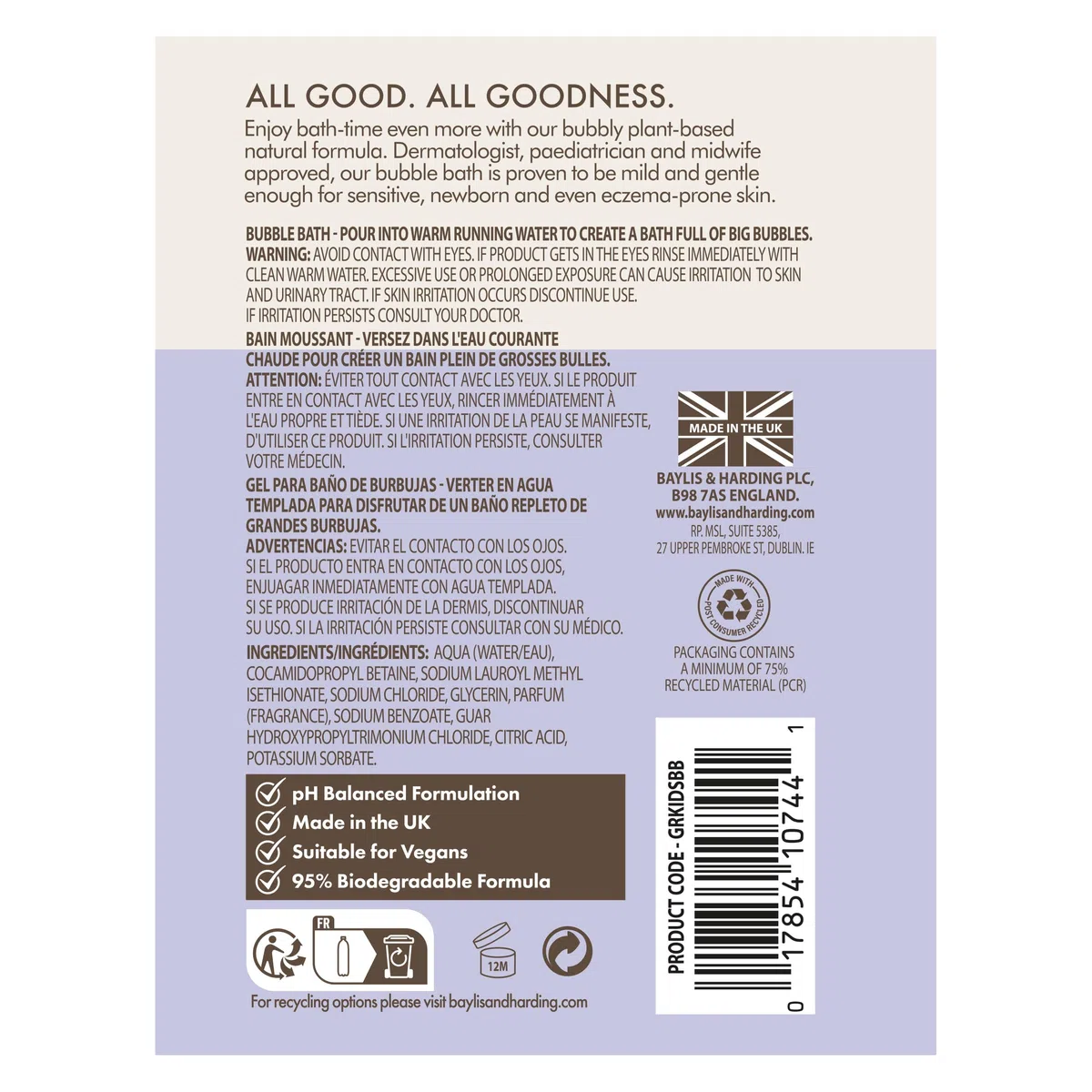 Baylis & Harding Goodness Kids Lot de 3 bains moussants naturels à la lavande et à la vanille, 500 ml, végétalien