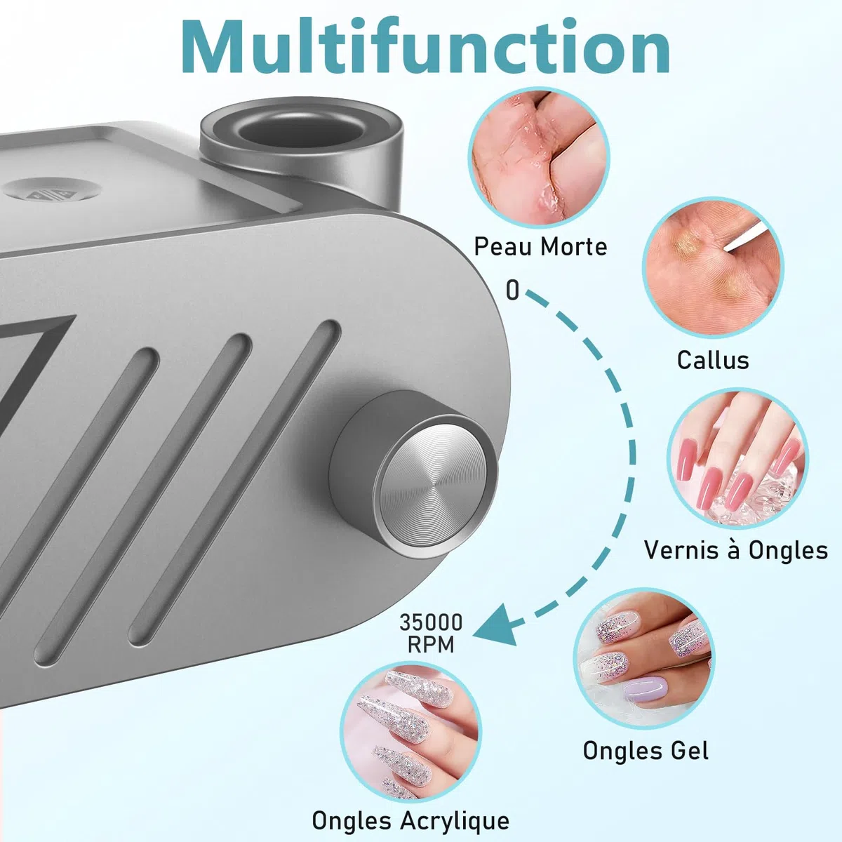 Ponceuse pour Ongles Électrique Professionnelle 35000 RPM - Multifonction Silencieuse avec Affichage LED, Bouton Pause & 6 Embouts - Machine Manucure/Pédicure pour Salon/Maison (Gris Élégant)