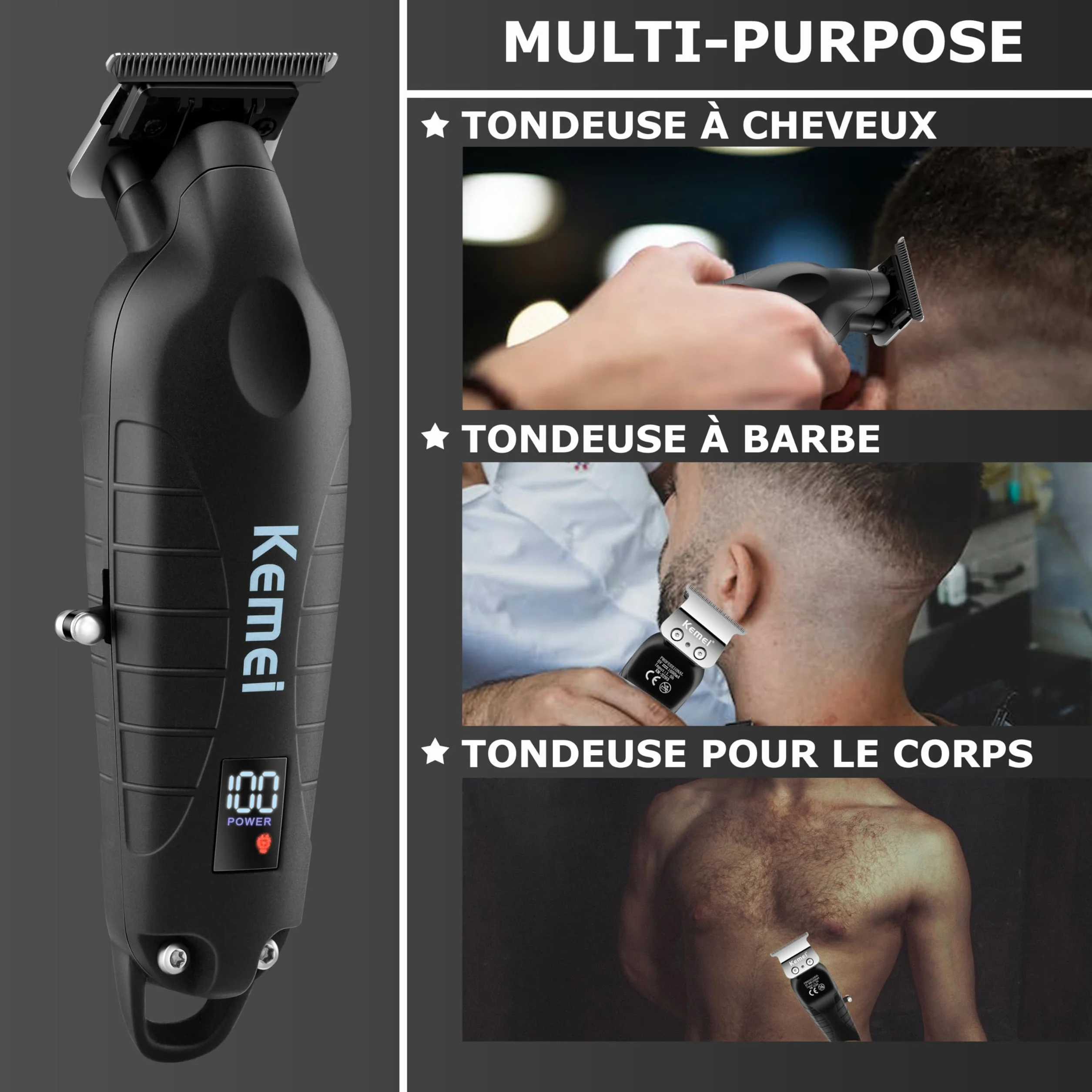 KEMEI Tondeuse professionnelle 2293 lame en T rechargeable sans fil
