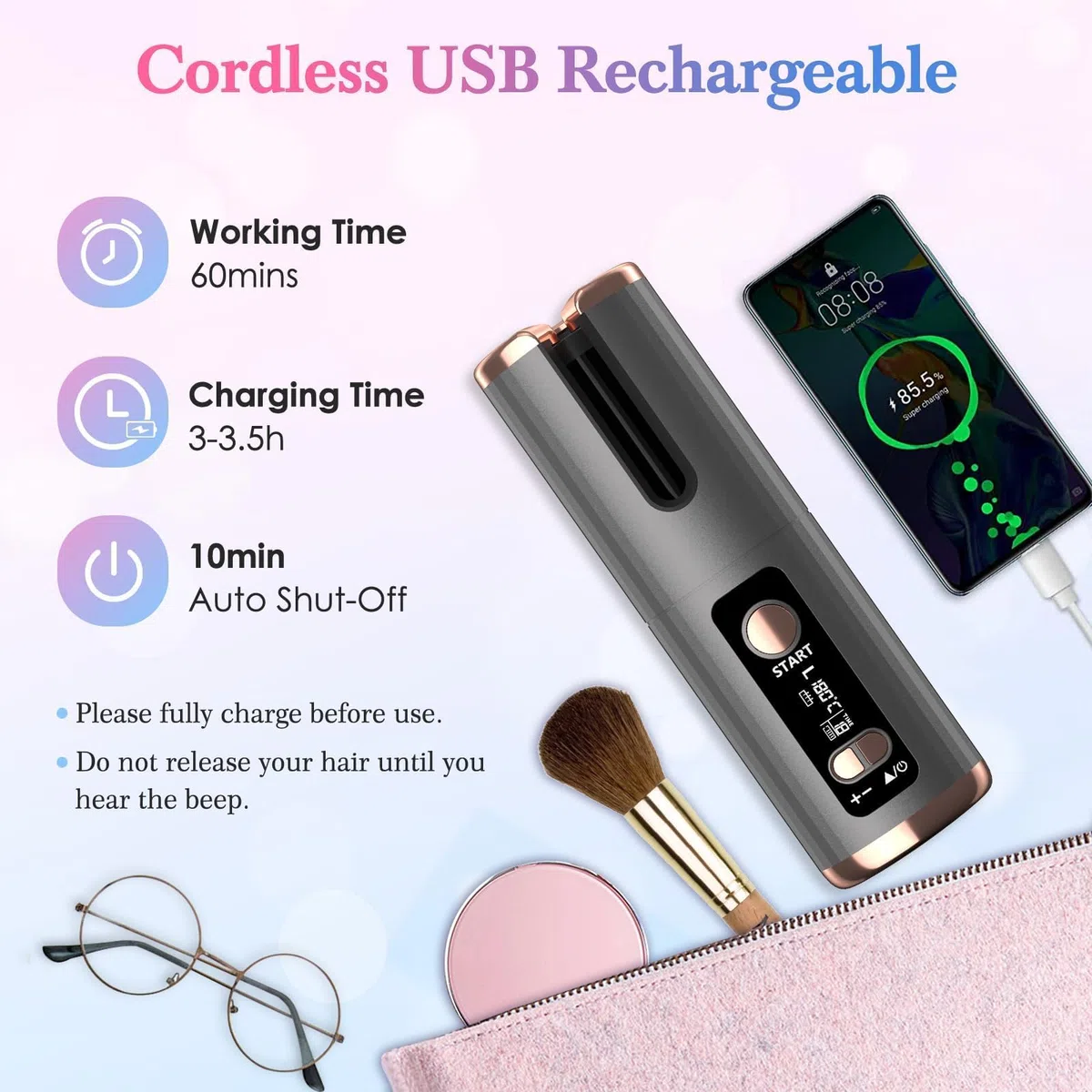 Fer a Boucler Cheveux Automatique Sans Fil Fer a Friser avec 6 Réglages de Température & Minuteur, Boucleur Céramique USB Rechargeable, Anti-brûlure, pour Cheveux Longs Courts