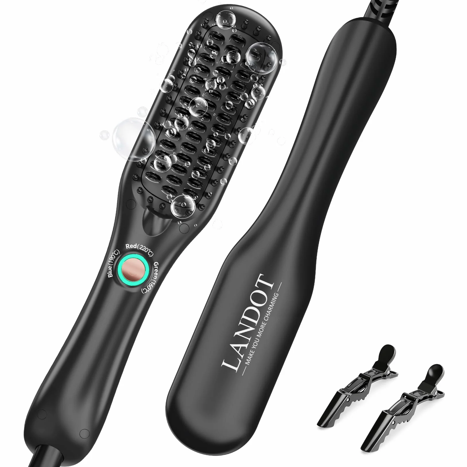 LANDOT Mini Brosse Lissante Filaire Cheveux Courts à Mi-Longs Céramique Ionique 3 Températures 160°C-220°C Anti-Frisottis Noir
