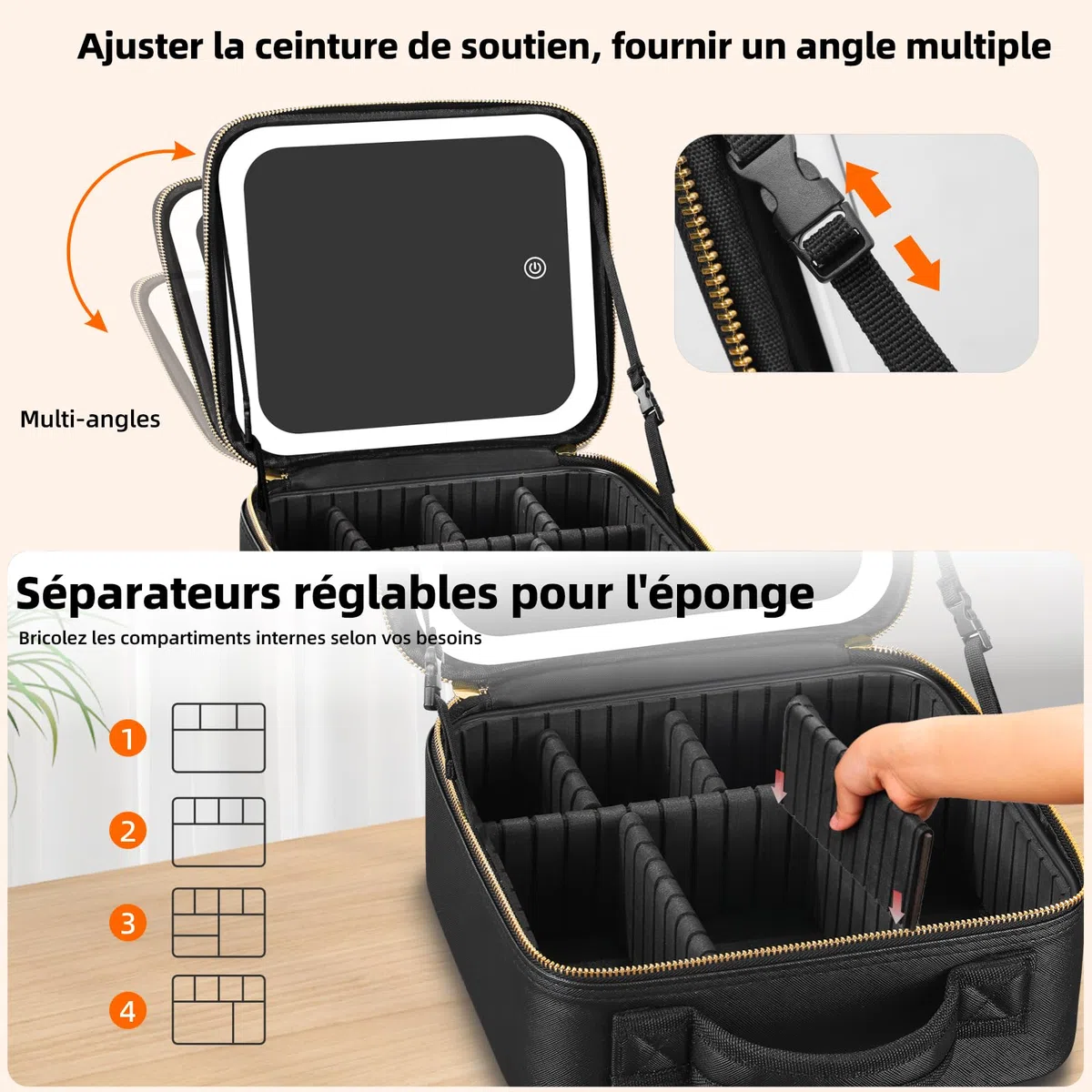 Sac de Maquillage de Voyage Sac cosmétique Sac Organisateur de Maquillage avec Grand Miroir éclairé 3 Modes de Couleur luminosité réglable, étanche en Cuir PU Makeup Travel Train Case