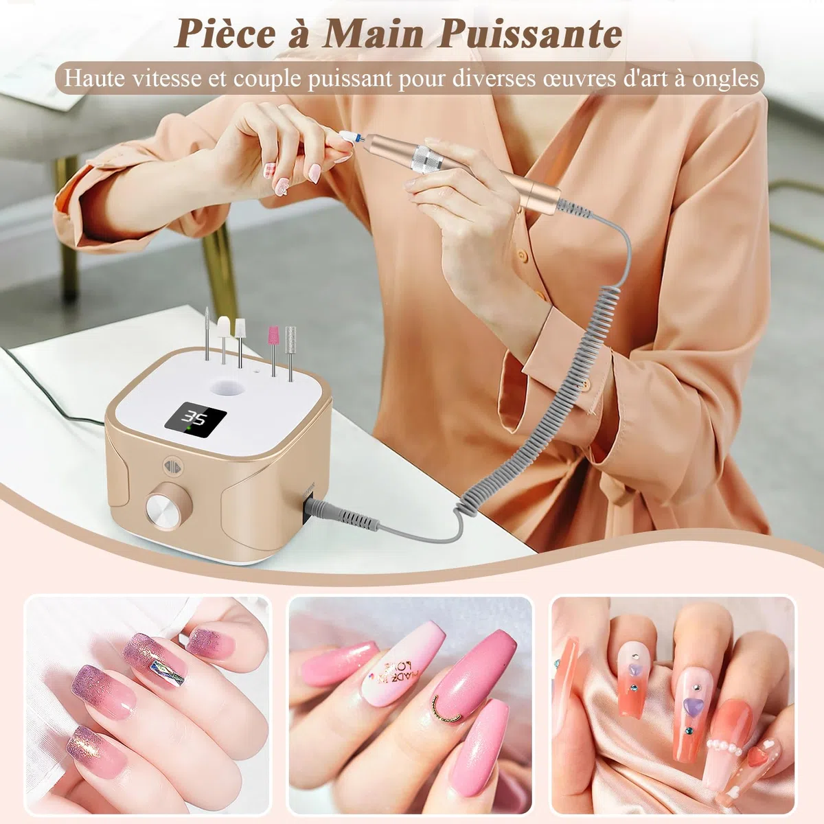 Ponceuse pour Ongles Electrique 35000 Tours Affichage LED 11 Embouts Céramique Manucure Pédicure