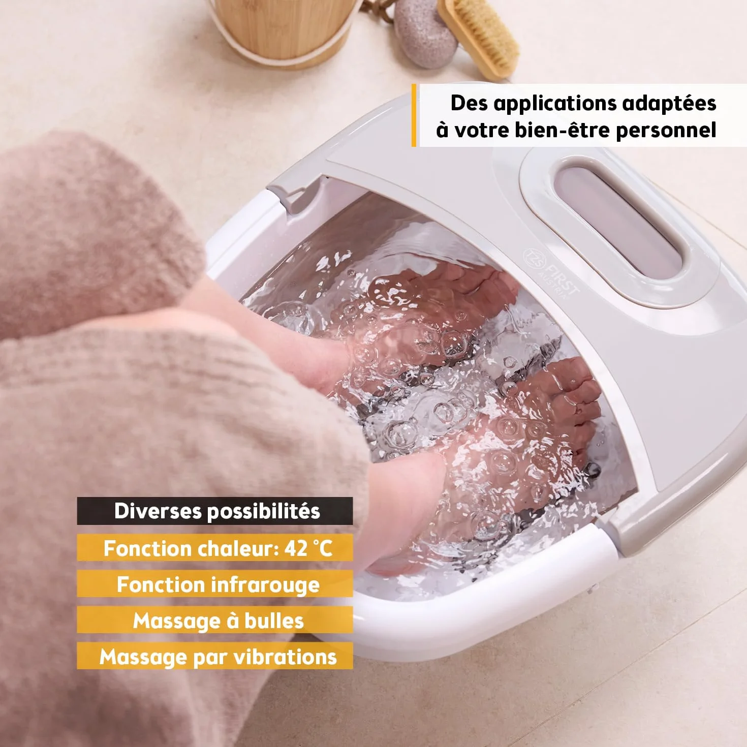 TZS First Austria Bain de Pieds 500W - Appareil de Massage des Pieds avec 3 Accessoires & 8 Rouleaux - Massage par Vibrations & Bulles, Infrarouge & Chauffante - Pliable jusqu'au 47 - Gris