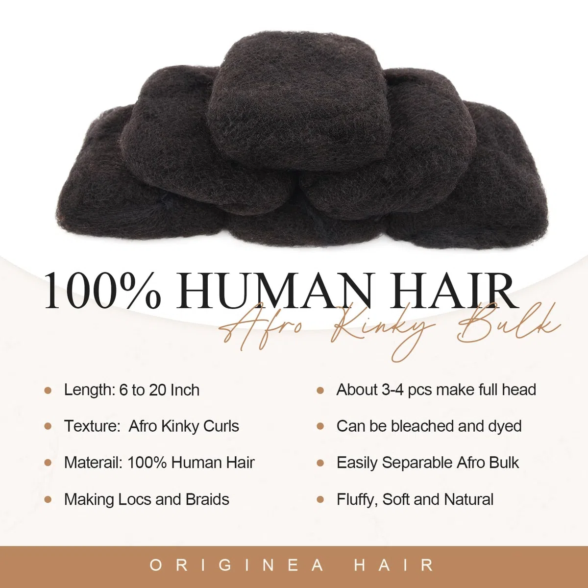 Originea Afro Kinky Bulk Human Hair 20cm 3 Packs Cheveux Naturel Humains Noir