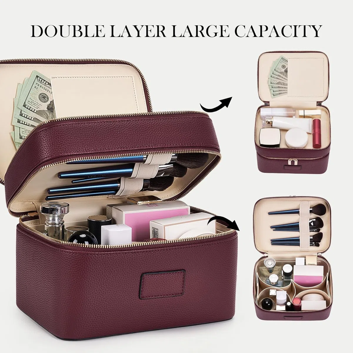 Starnearby Trousse de Maquillage Double Couche Grande Capacité en Cuir Femme, Trousse de Toilette Voyage avec Compartiments Amovibles, Vanity Maquillage Femme, Trousse Cosmétique Portable (Bordeaux)