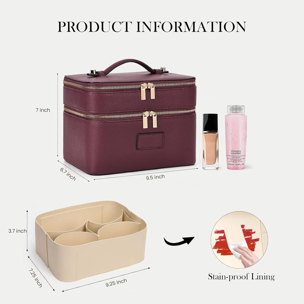 Starnearby Trousse de Maquillage Double Couche Grande Capacité en Cuir Femme, Trousse de Toilette Voyage avec Compartiments Amovibles, Vanity Maquillage Femme, Trousse Cosmétique Portable (Bordeaux)