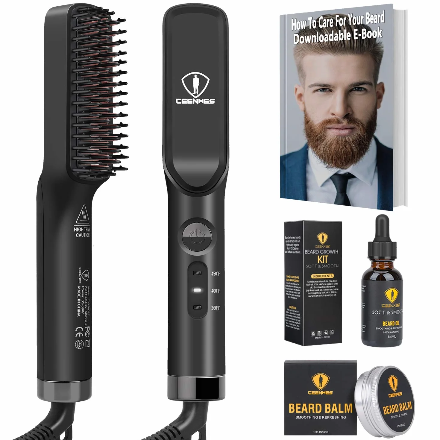 3 en 1 Brosse Lisseur à Barbe Hommes avec Crème et Huile à Barbe