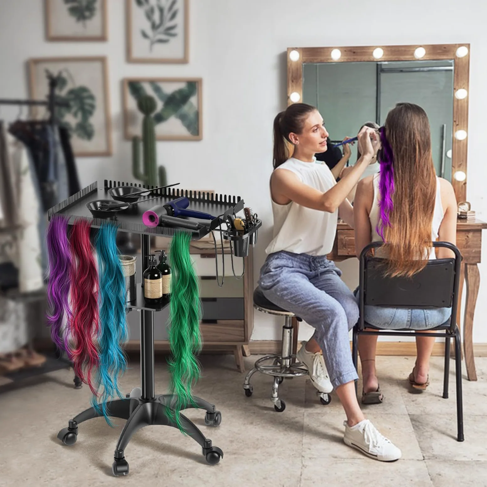 Chariot de Coiffure avec Roues, Chariot de Salon pour Extensions de Cheveux avec Plateforme de Rangement et Support